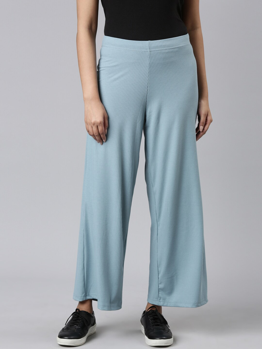 

Go Colors Women Knitted Wide Leg Palazzos, Blue