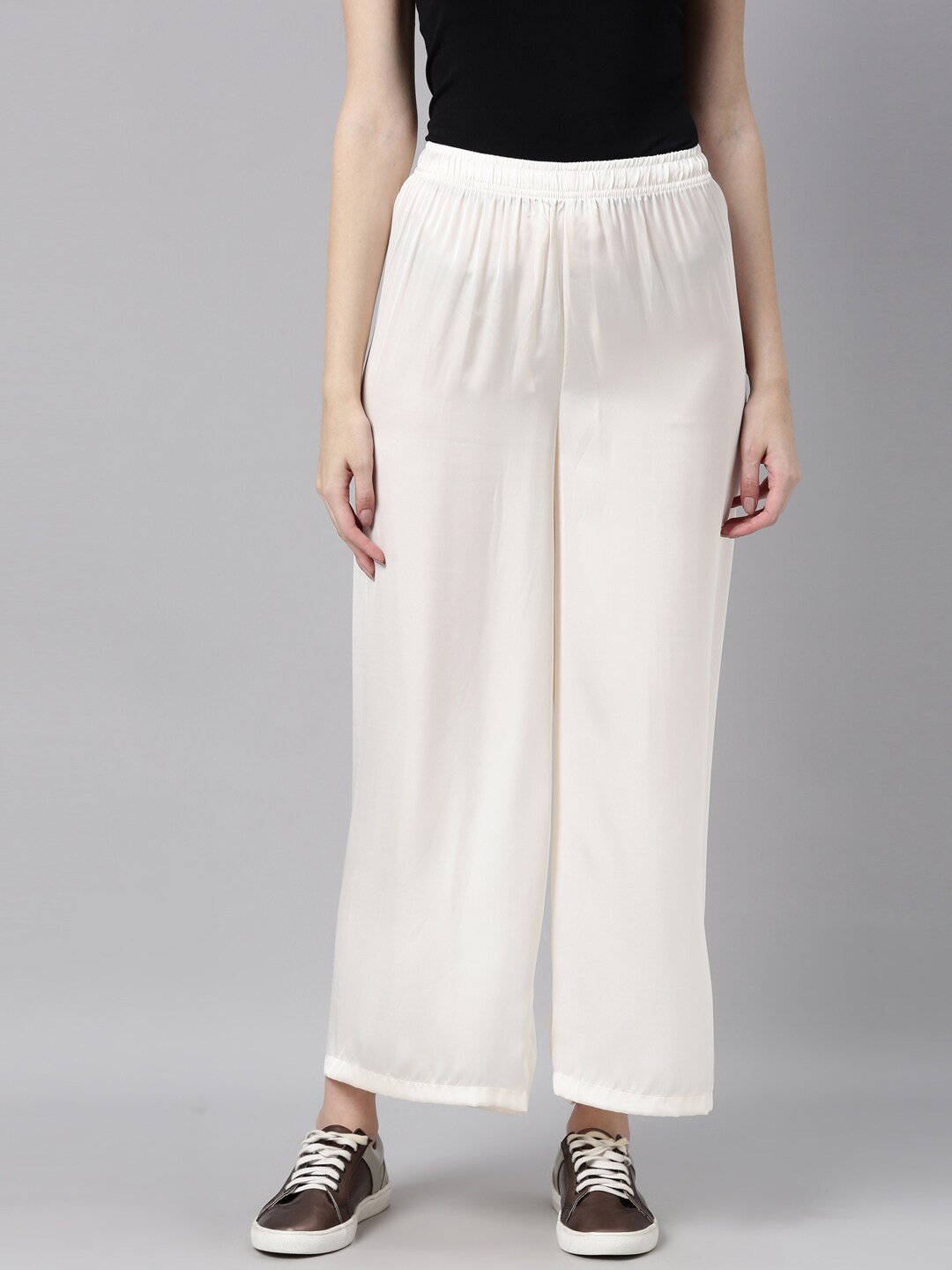 

Go Colors Women Knitted Wide Leg Palazzos, Off white