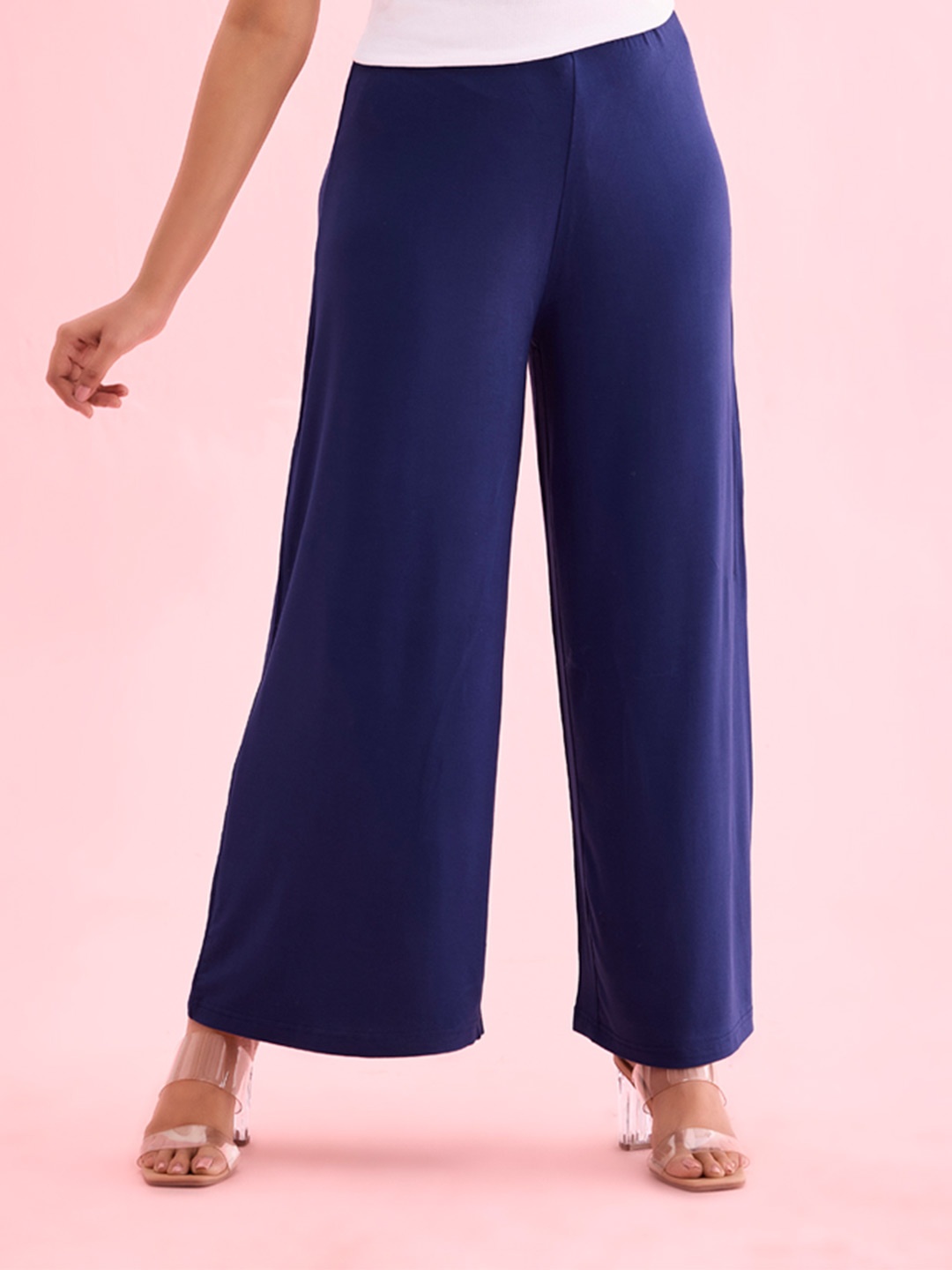 

Go Colors Women Knitted Wide Leg Palazzos, Navy blue