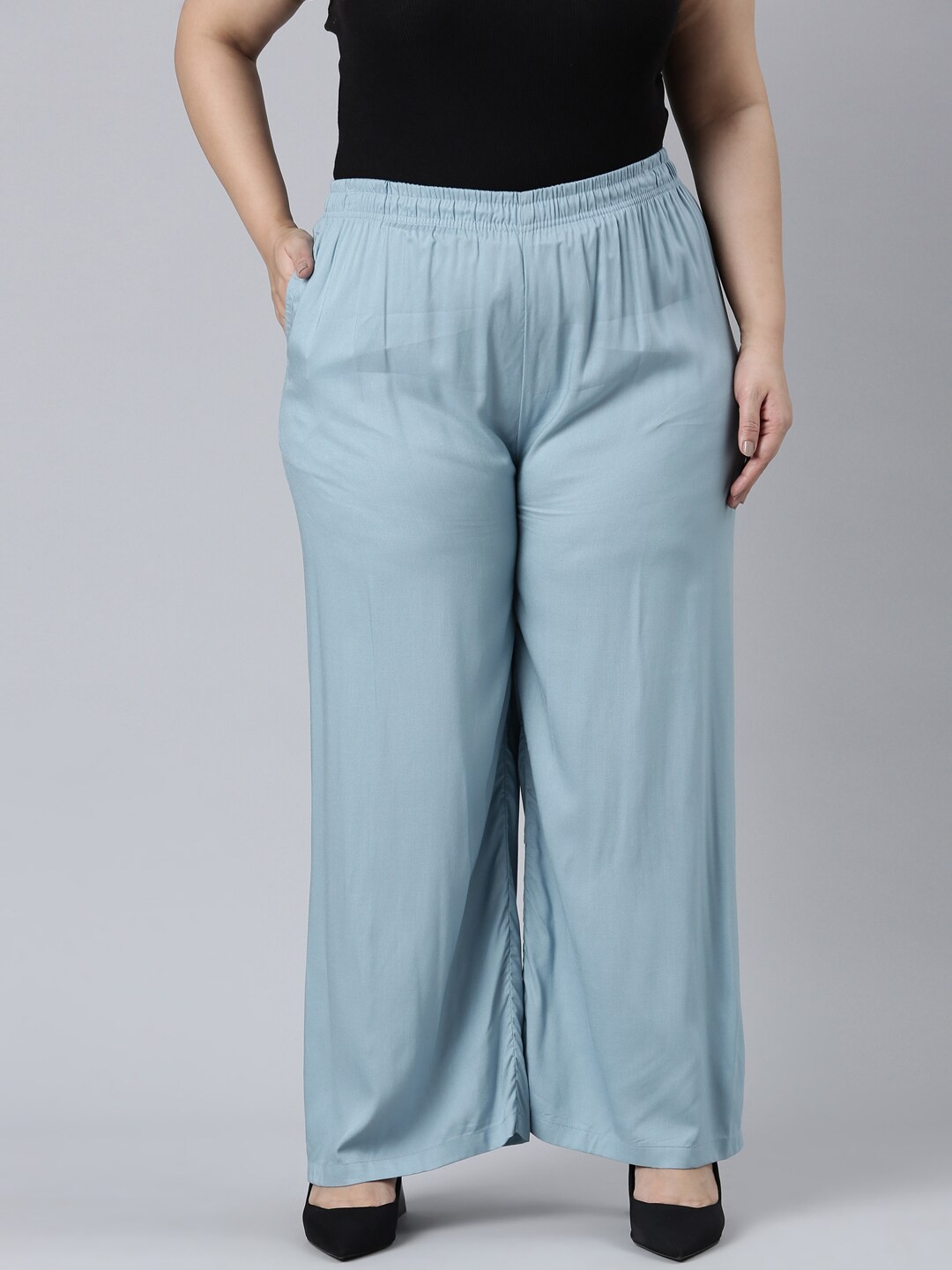 

Go Colors Women Wide Leg Knitted Palazzos, Blue