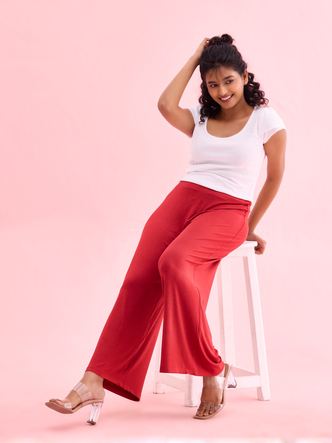 Go Colors Women Wide Leg Knitted Palazzos, Red