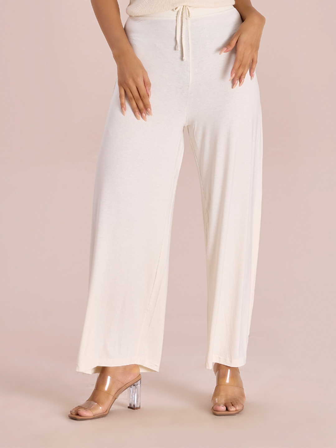 

Go Colors Women Knitted Wide Leg Palazzos, Cream