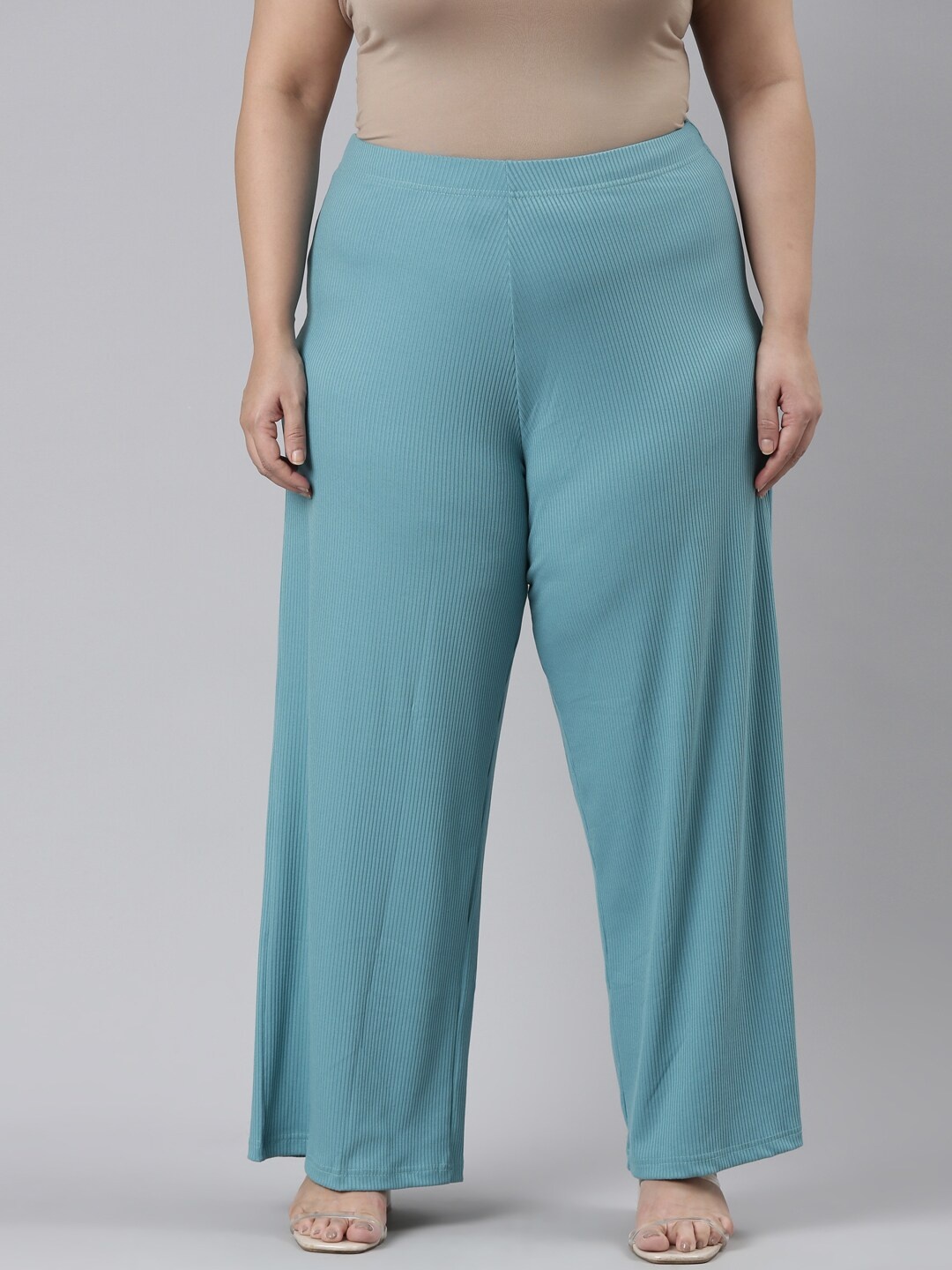 

Go Colors Women Wide Leg Knitted Palazzos, Blue