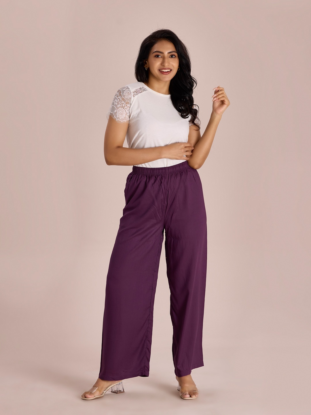 Go Colors Women Wide Leg Knitted Palazzos, Purple