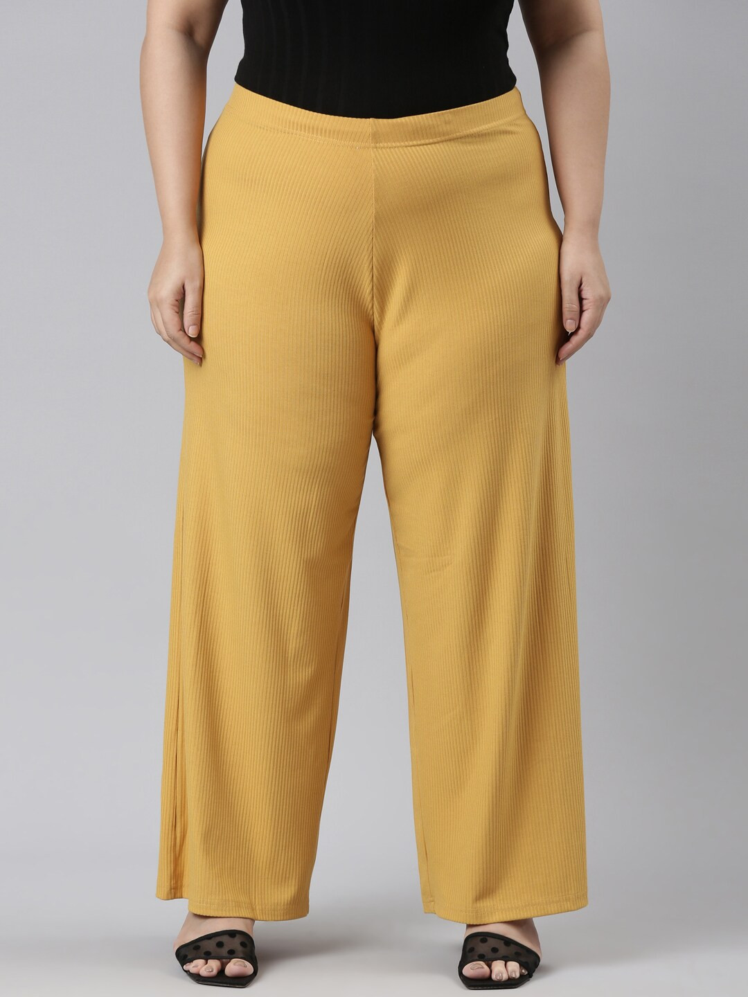 

Go Colors Women Striped Wide Leg Knitted Palazzos, Yellow