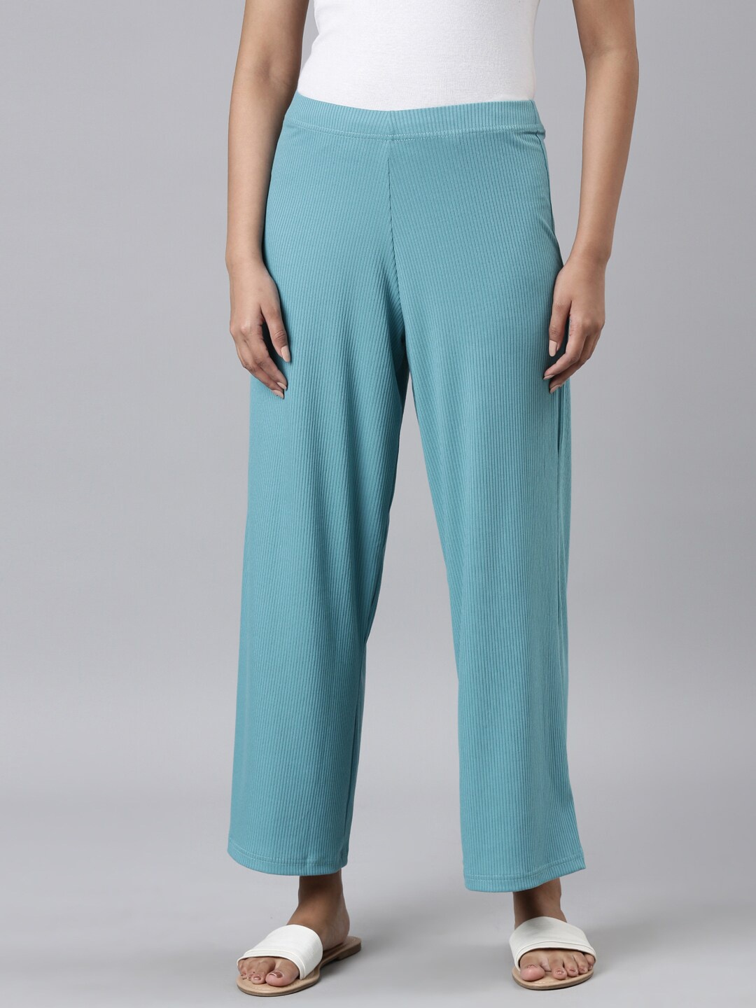 Go Colors Women Striped Wide Leg Knitted Palazzos, Blue
