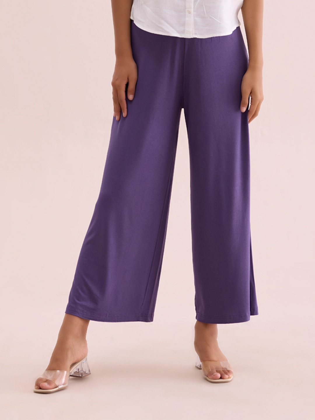 

Go Colors Women Wide Leg Knitted Palazzos, Purple