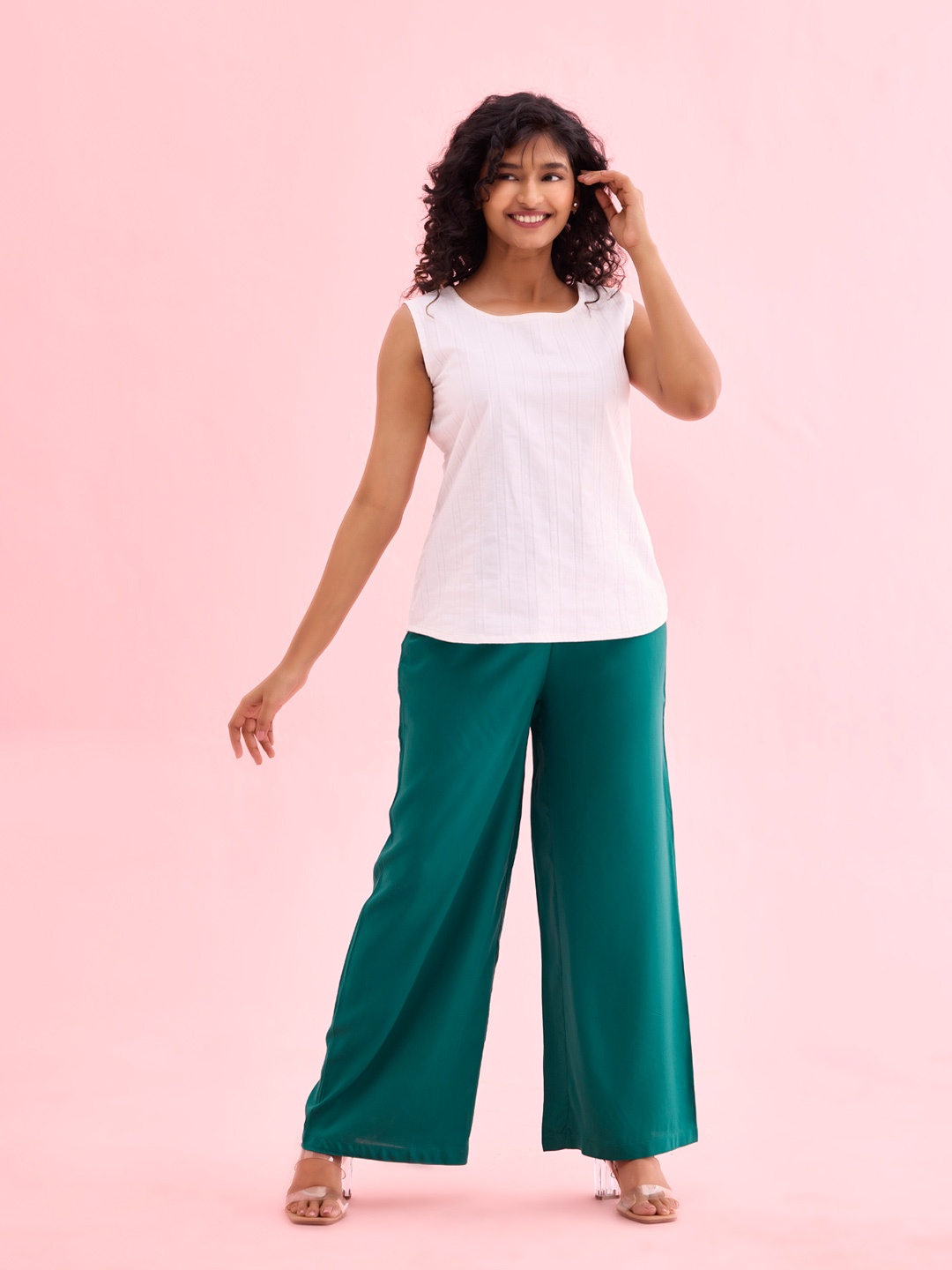 

Go Colors Women Wide Leg Knitted Palazzos, Green