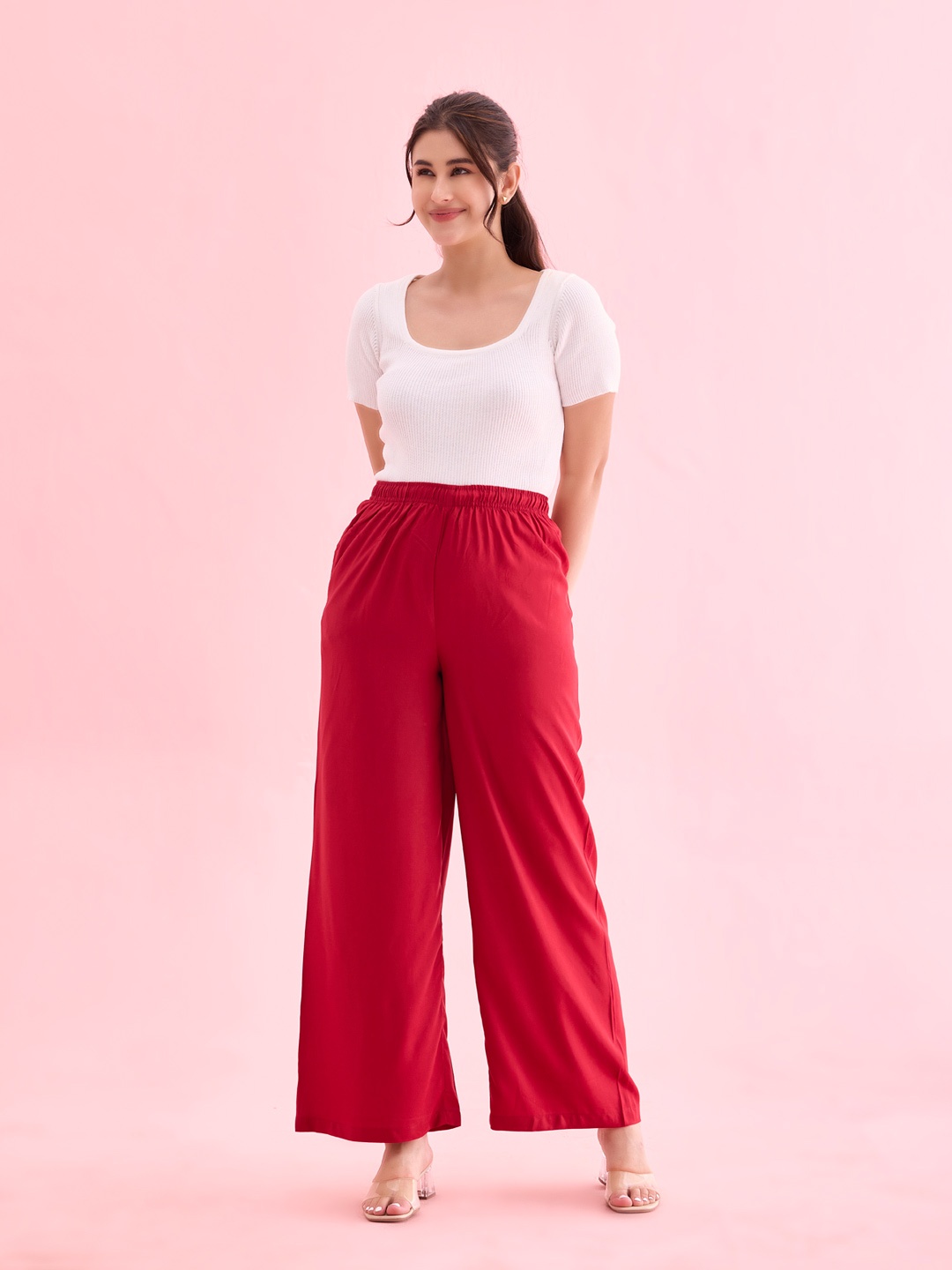 

Go Colors Women Wide Leg Knitted Palazzos, Red