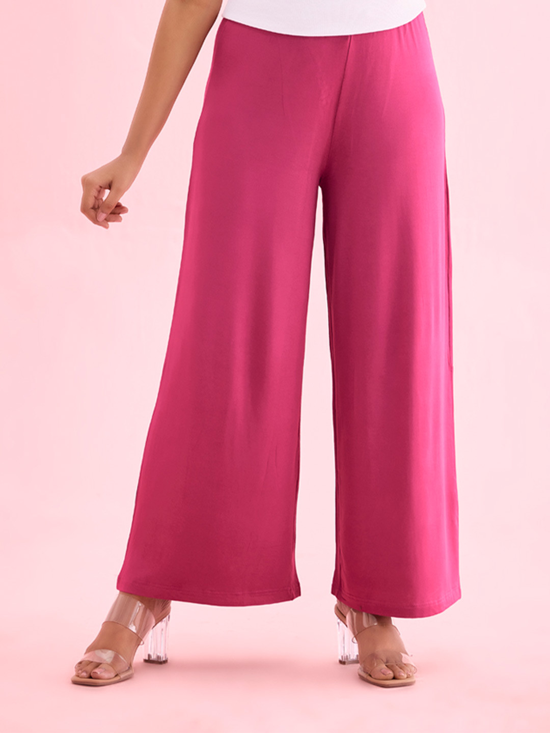 

Go Colors Women Knitted Wide Leg Palazzos, Burgundy