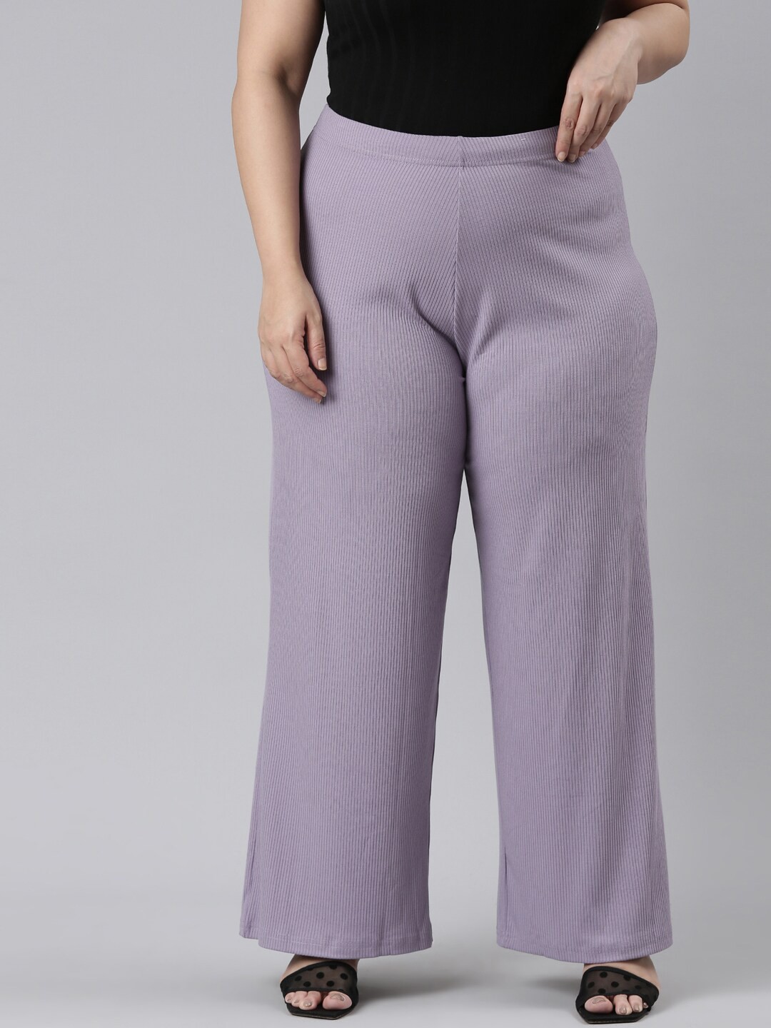 

Go Colors Women Striped Wide Leg Knitted Palazzos, Violet