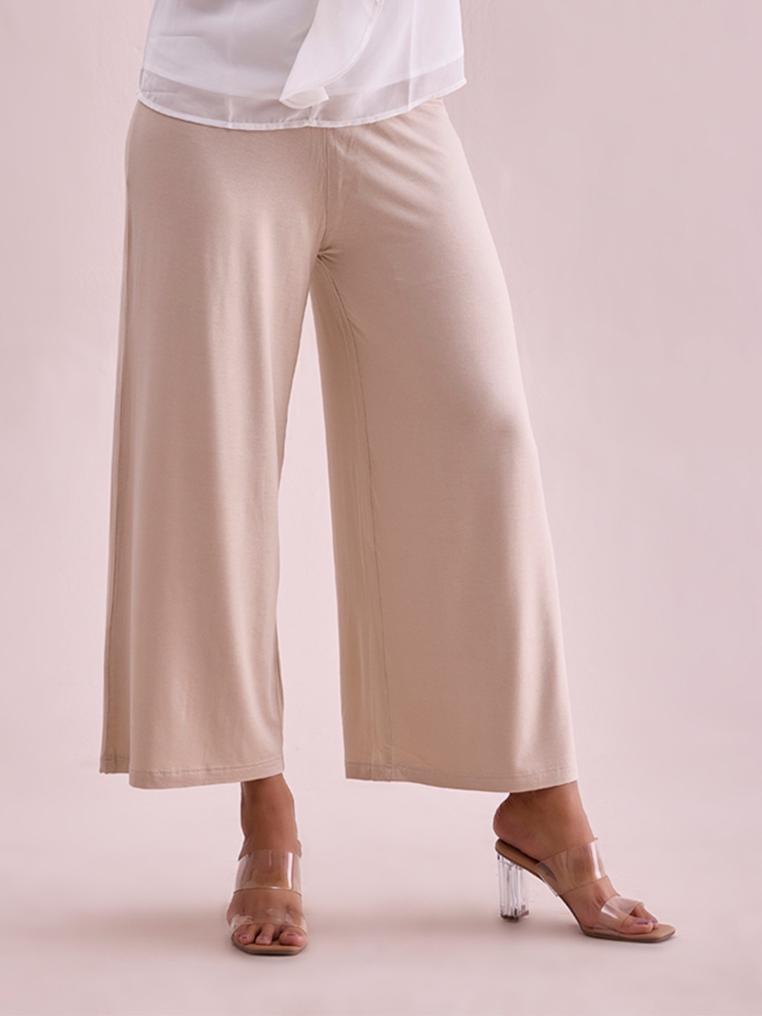 

Go Colors Women Knitted Wide Leg Palazzos, Beige
