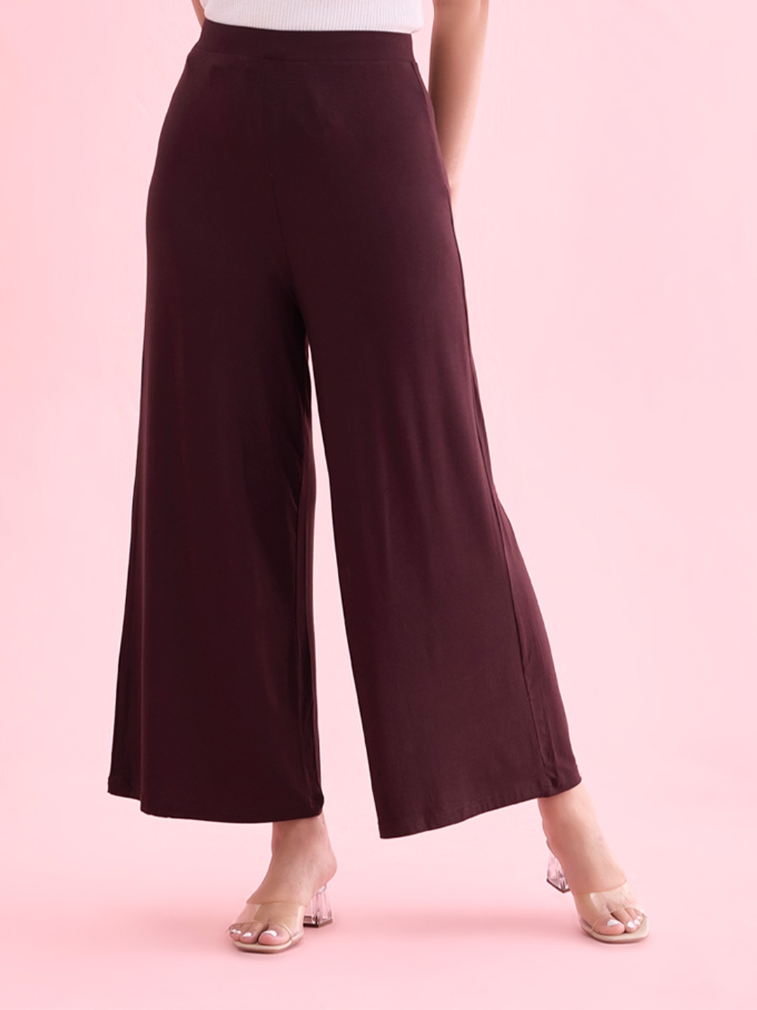 

Go Colors Women Knitted Wide Leg Palazzos, Maroon