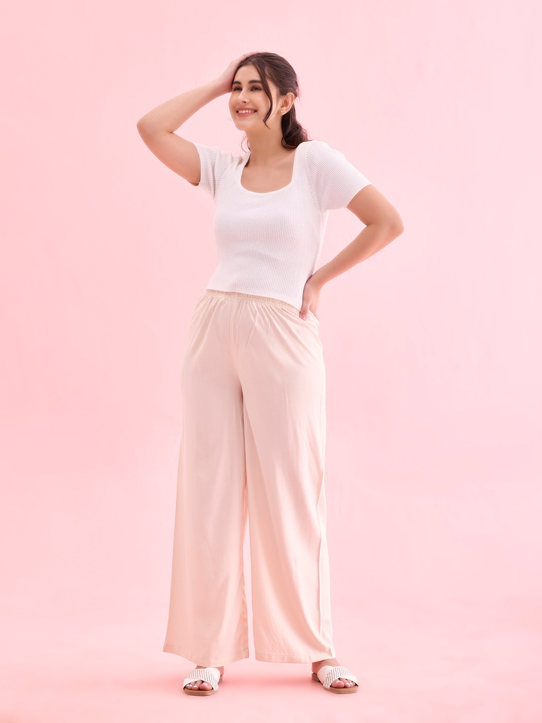 

Go Colors Women Knitted Wide Leg Ethnic Palazzos, Cream