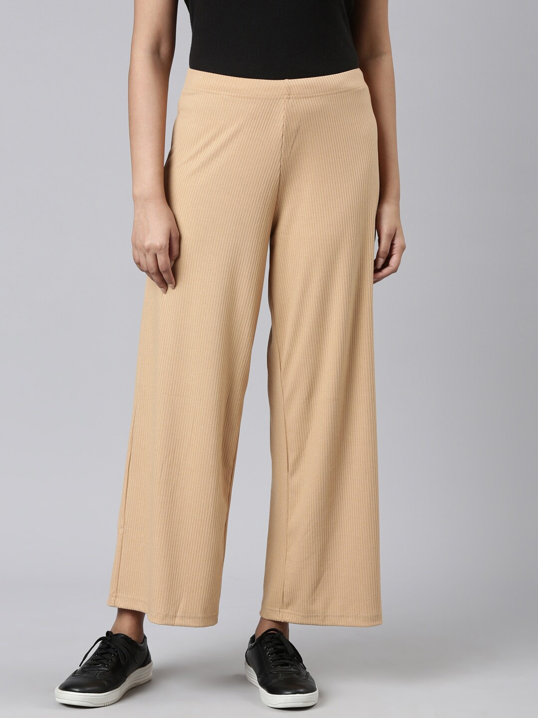

Go Colors Women Wide Leg Knitted Palazzos, Beige