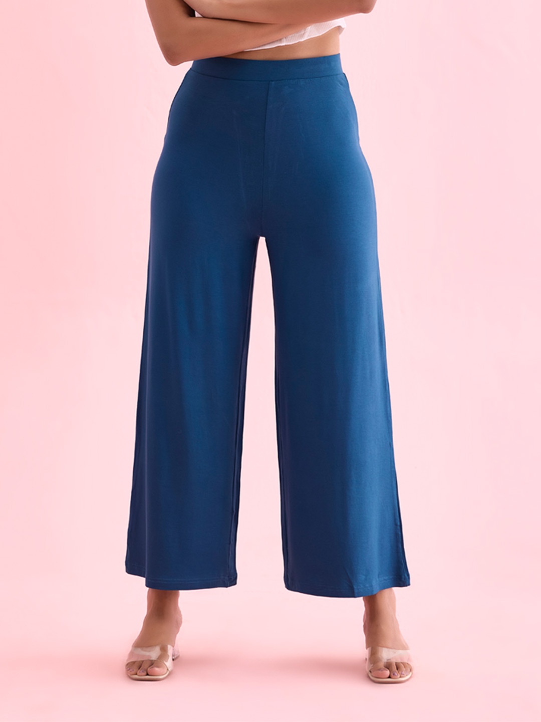 

Go Colors Women Wide Leg Knitted Palazzos, Turquoise blue