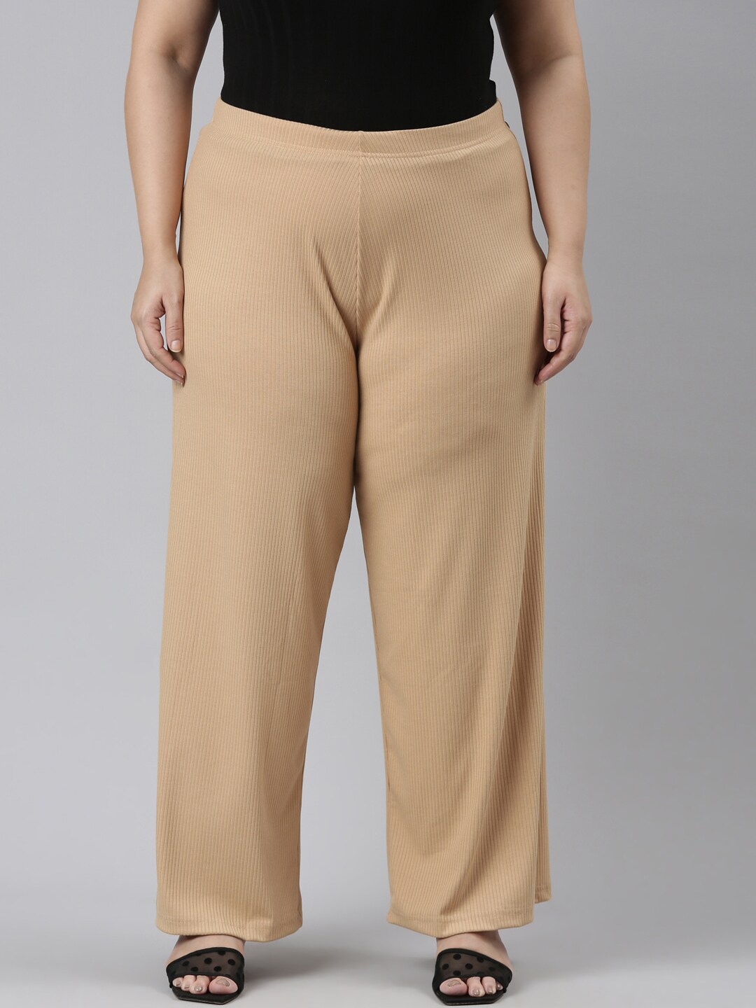 

Go Colors Women Striped Knitted Palazzos, Beige