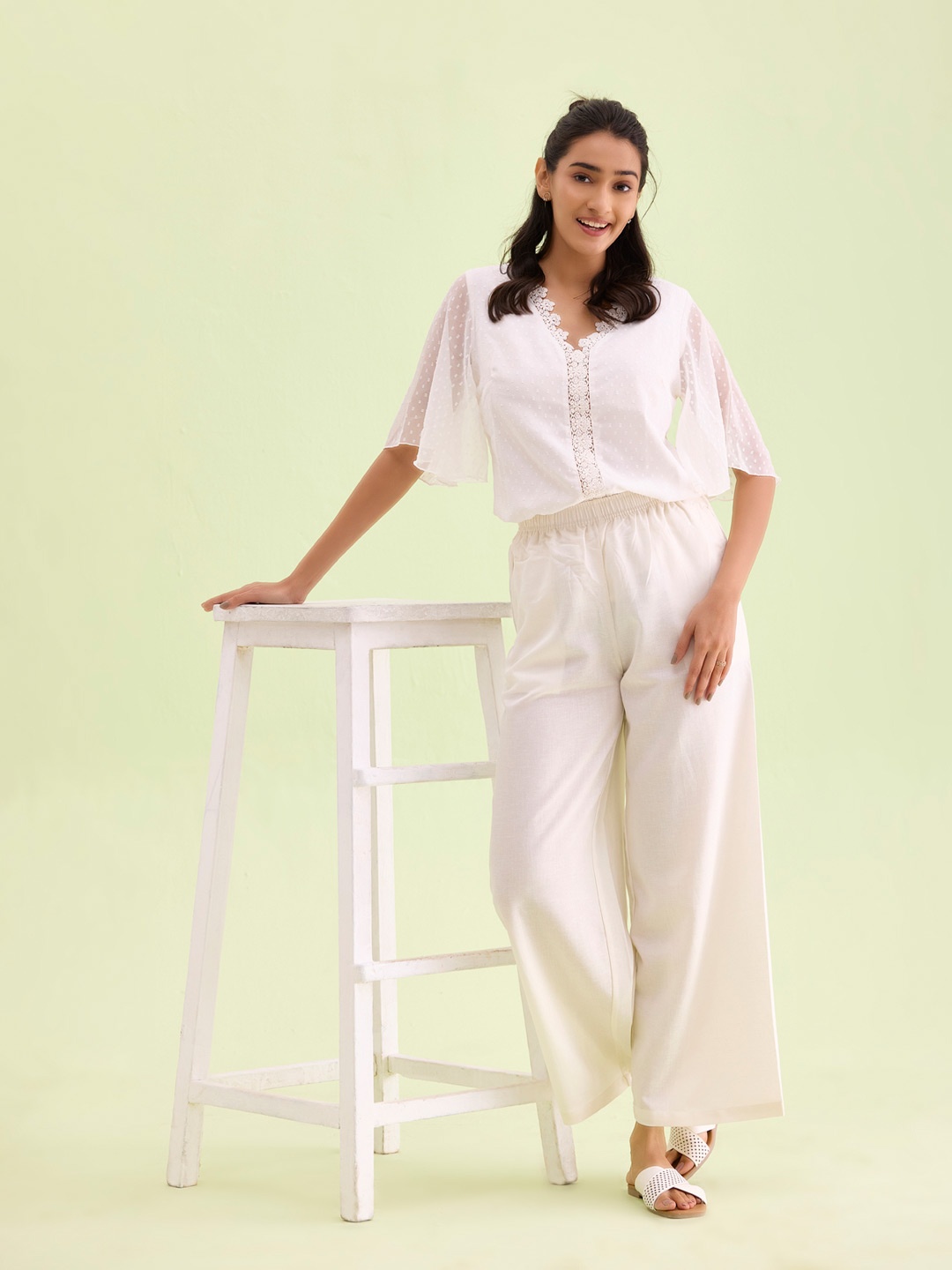 

Go Colors Women Knitted Linen Wide Leg Ethnic Palazzos, Cream