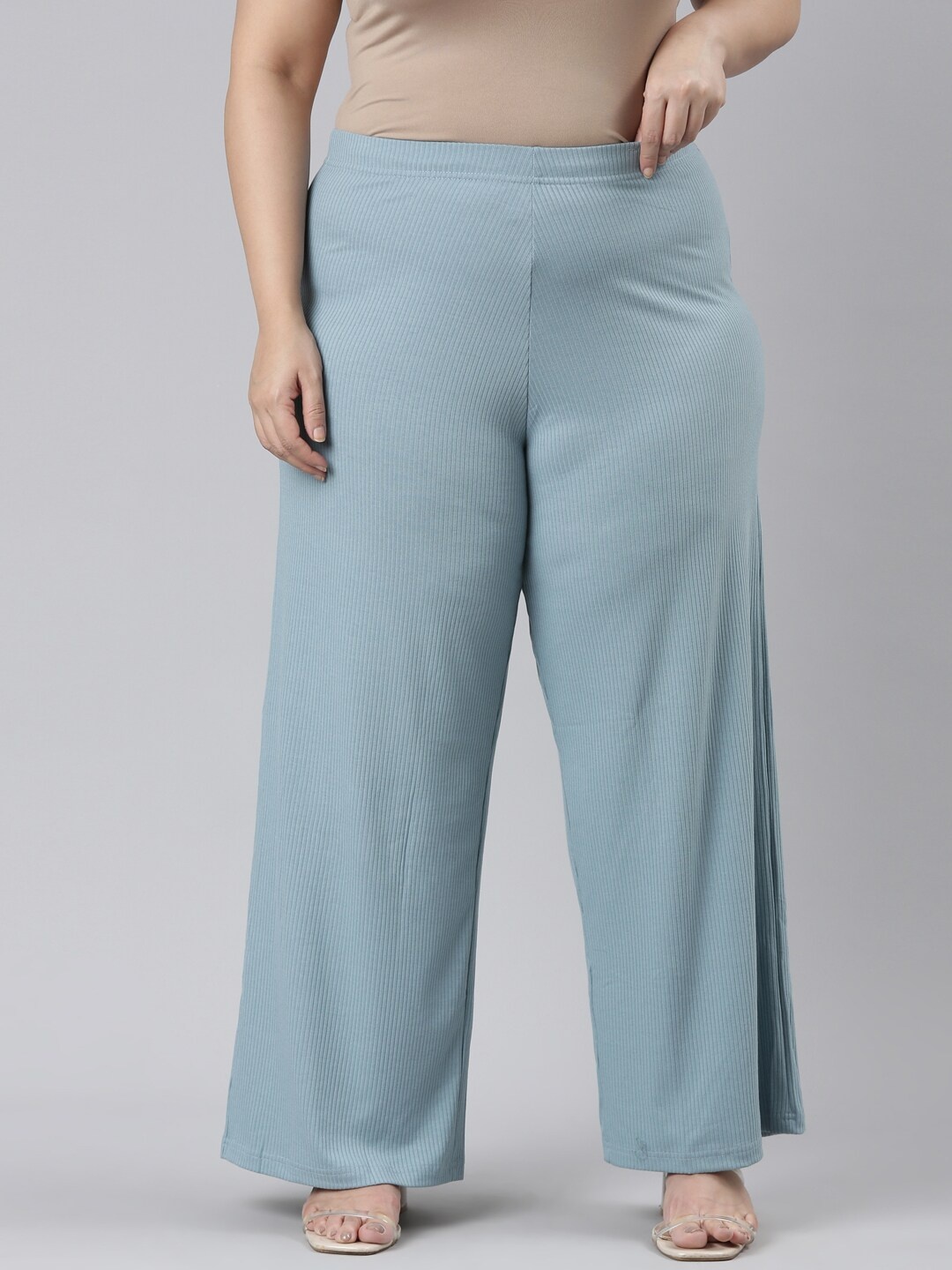 Go Colors Women Striped Wide Leg Knitted Palazzos, Blue