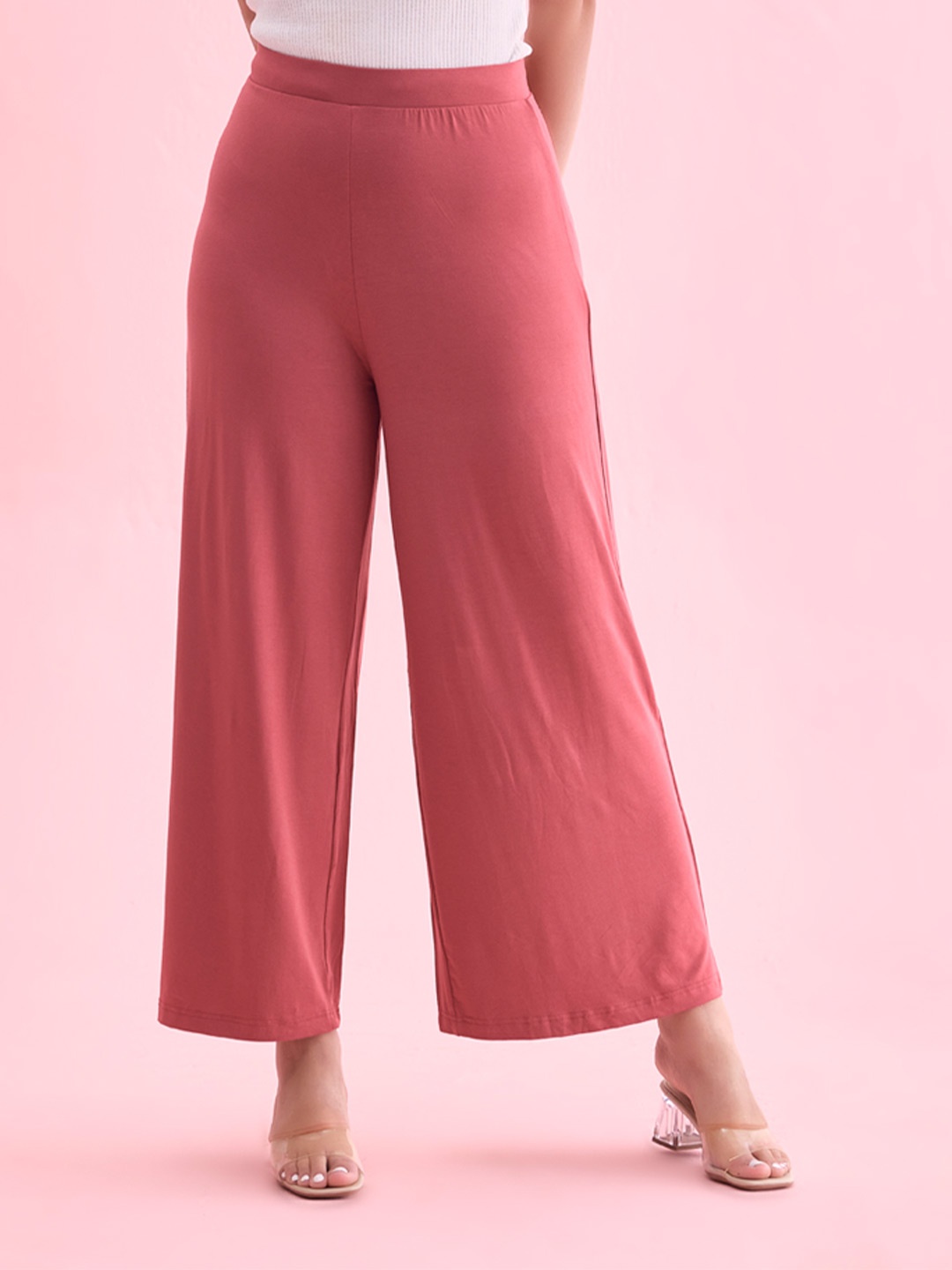 

Go Colors Women Knitted Wide Leg Palazzos, Pink