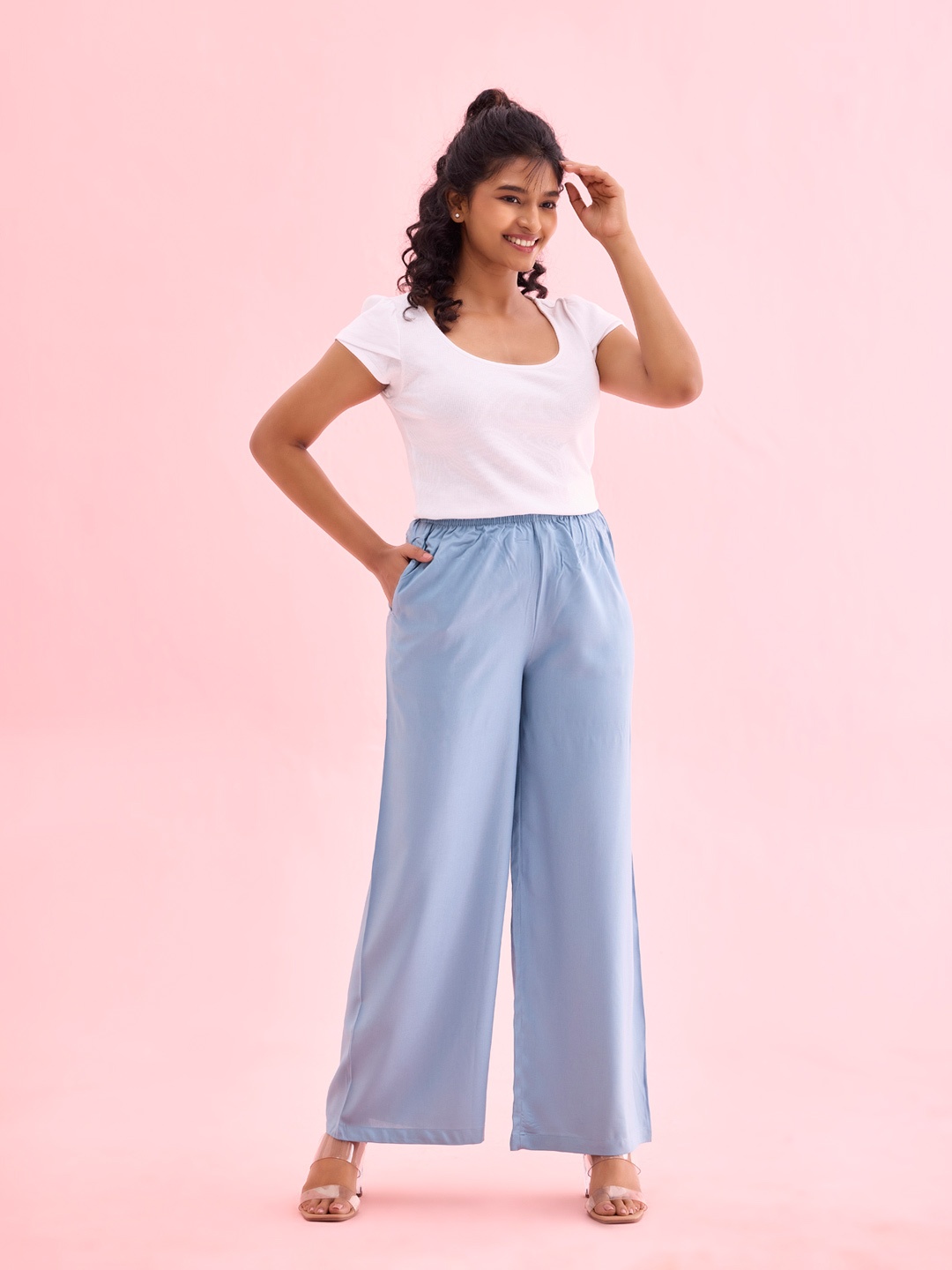 

Go Colors Women Wide Leg Knitted Palazzos, Blue