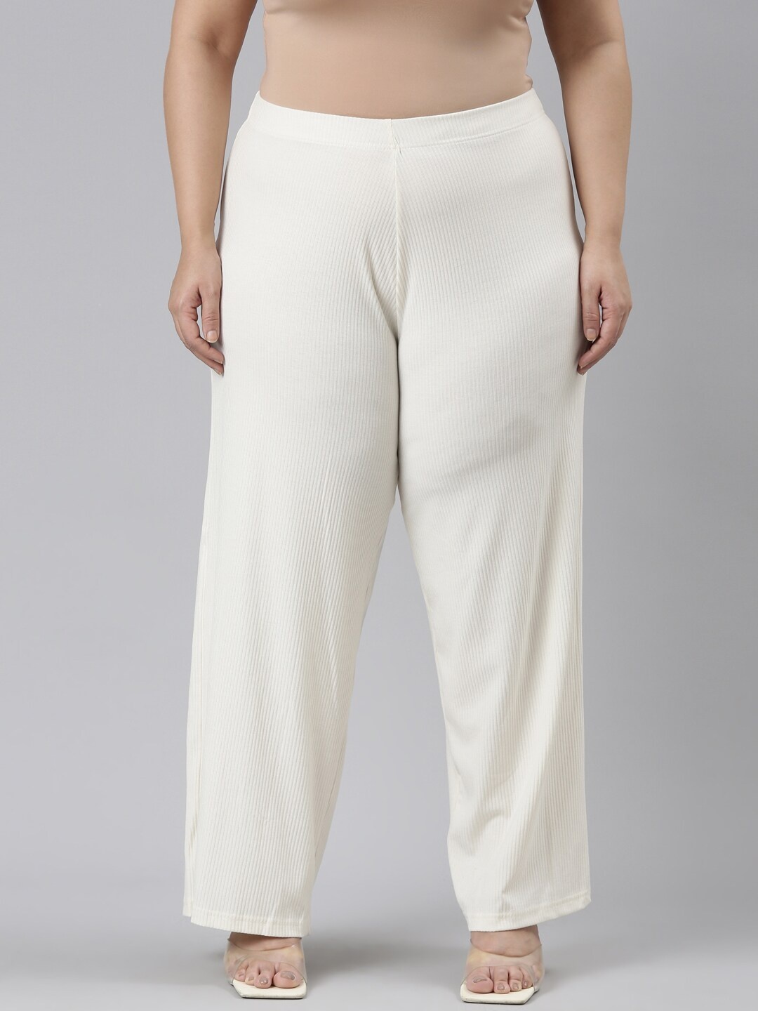 

Go Colors Women Striped Knitted Wide Leg Palazzos, Cream