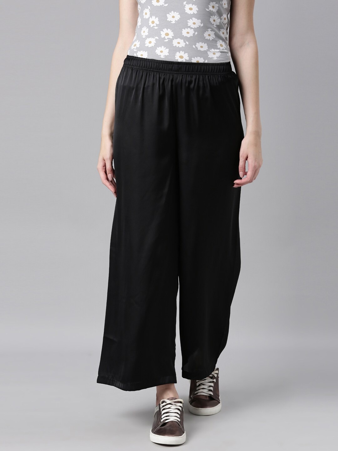 

Go Colors Women Wide Leg Knitted Palazzos, Black