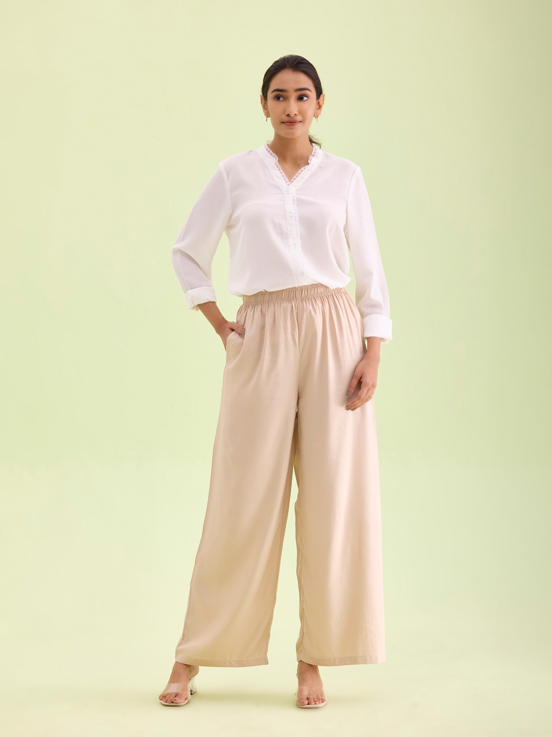 

Go Colors Women Knitted Straight Palazzos, Beige
