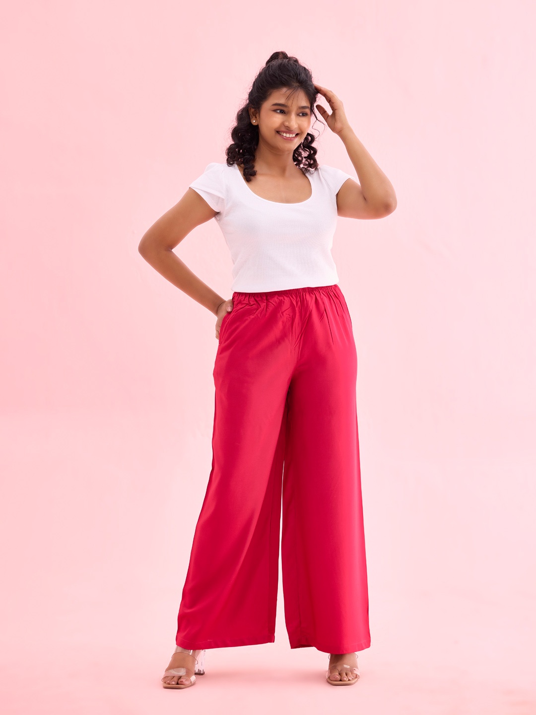 

Go Colors Women Knitted Straight Palazzos, Red