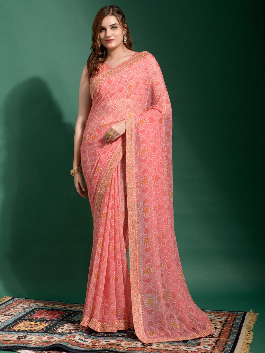 Anouk Pink & Gold-Toned Ethnic Motifs Embroidered Ikat Saree