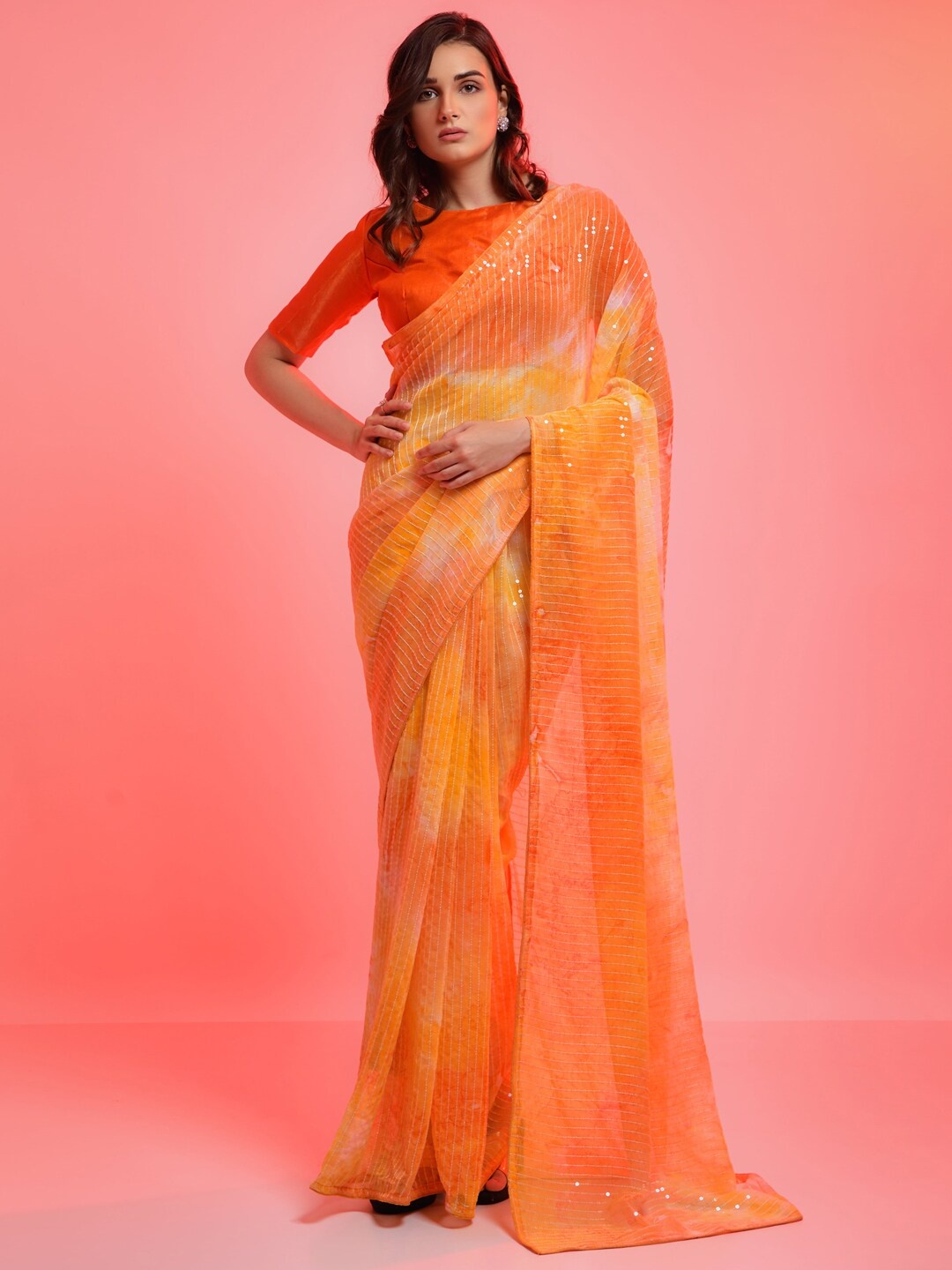 

Anouk Yellow & Orange Embellished Sequinned Pure Georgette Saree