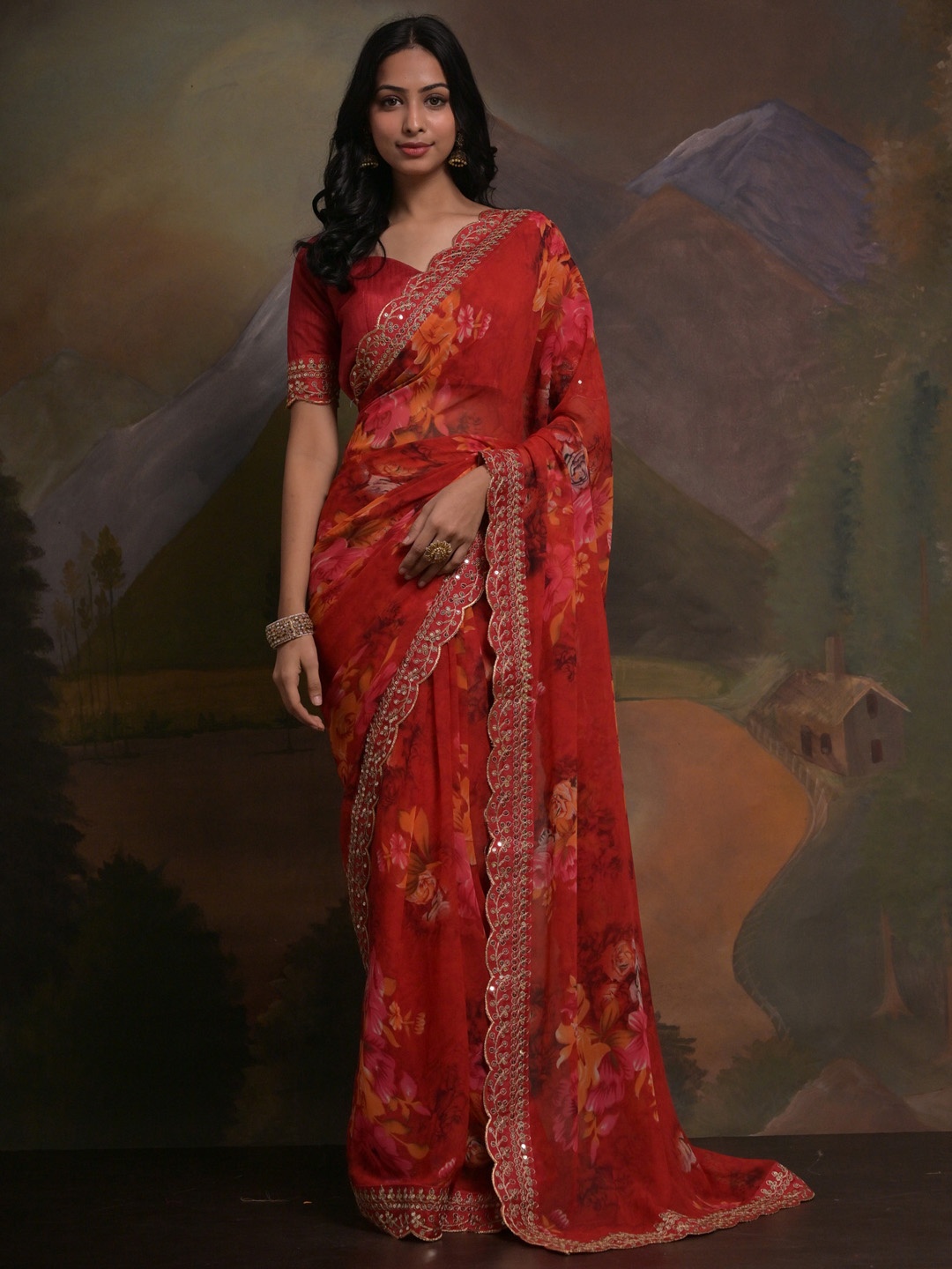 

Anouk Red & Yellow Floral Printed & Embroidered Border Pure Georgette Saree