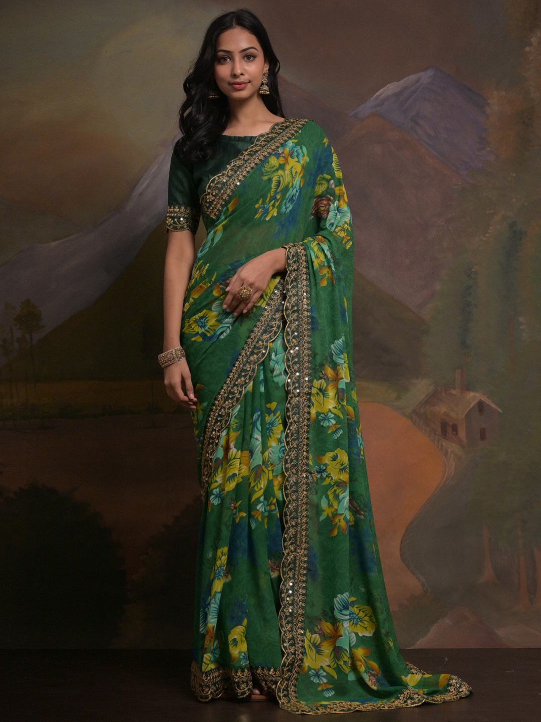 

Anouk Green & Blue Floral Printed Embroidered Pure Georgette Saree