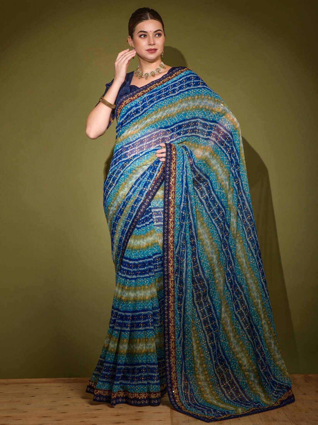 

Anouk Blue & Black Ethnic Motifs Printed Pure Georgette Bagru Saree