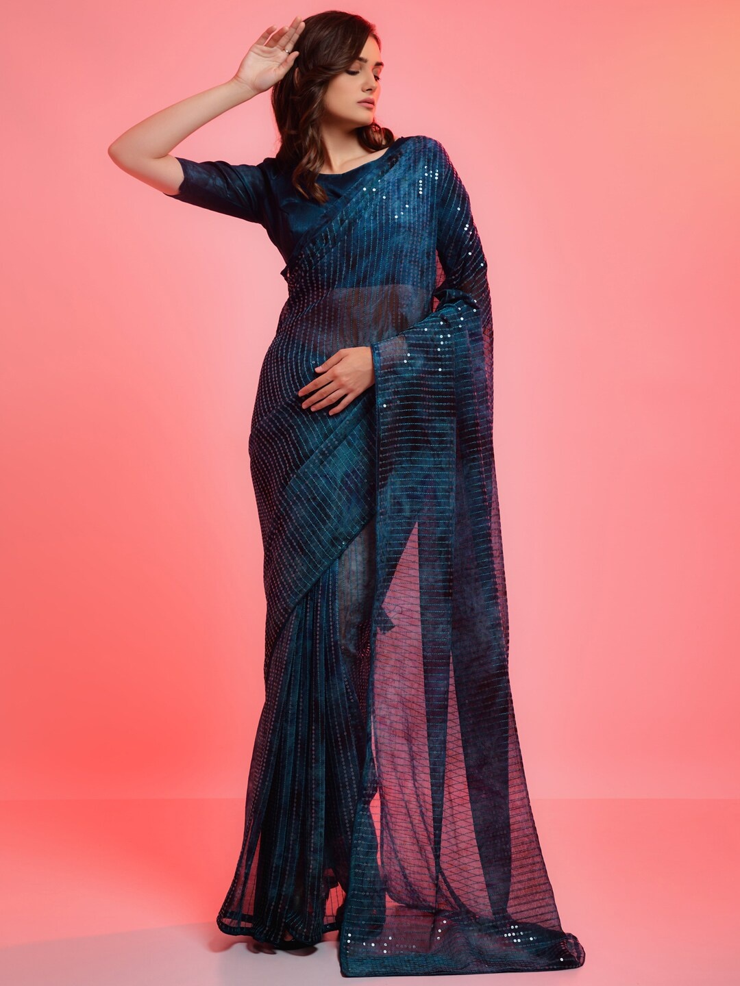 

Anouk Teal Embellished Sequinned Pure Georgette Saree