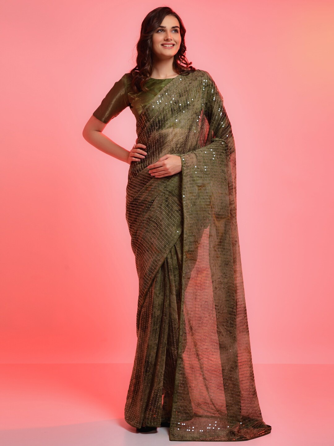 

Anouk Olive Green & Gold-Toned Embellished Sequinned Pure Georgette Saree