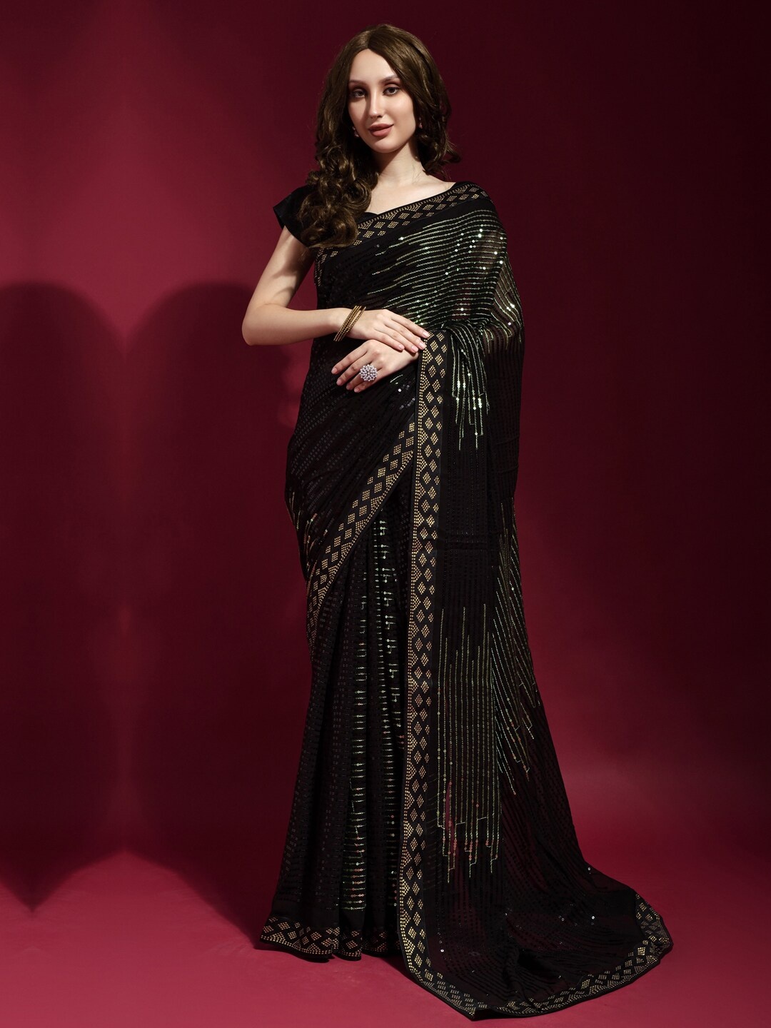 

Anouk Black & Gold-Toned Embellished Sequinned Pure Georgette Saree