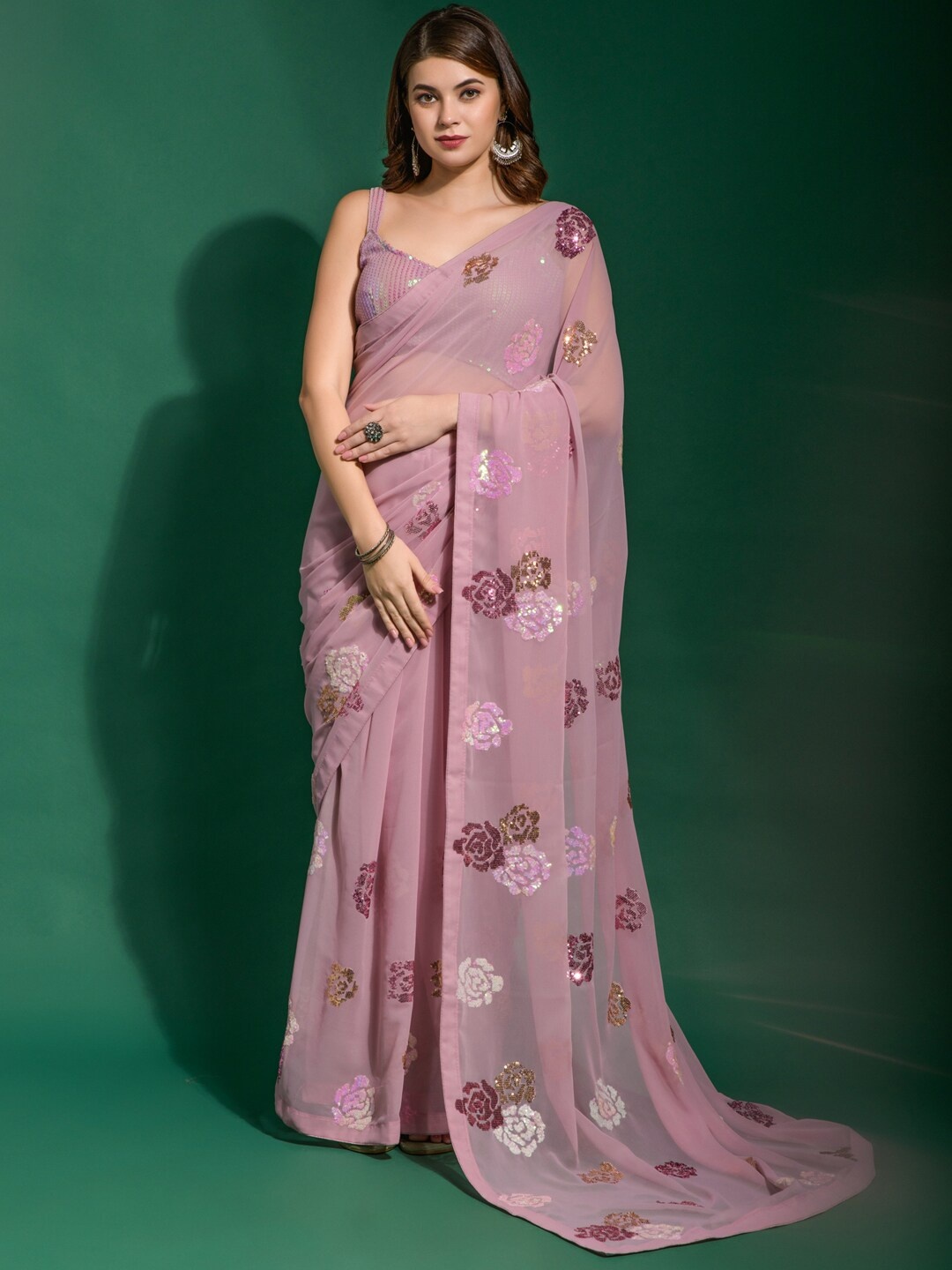 

Anouk Mauve & Gold-Toned Embellished Sequinned Pure Georgette Saree