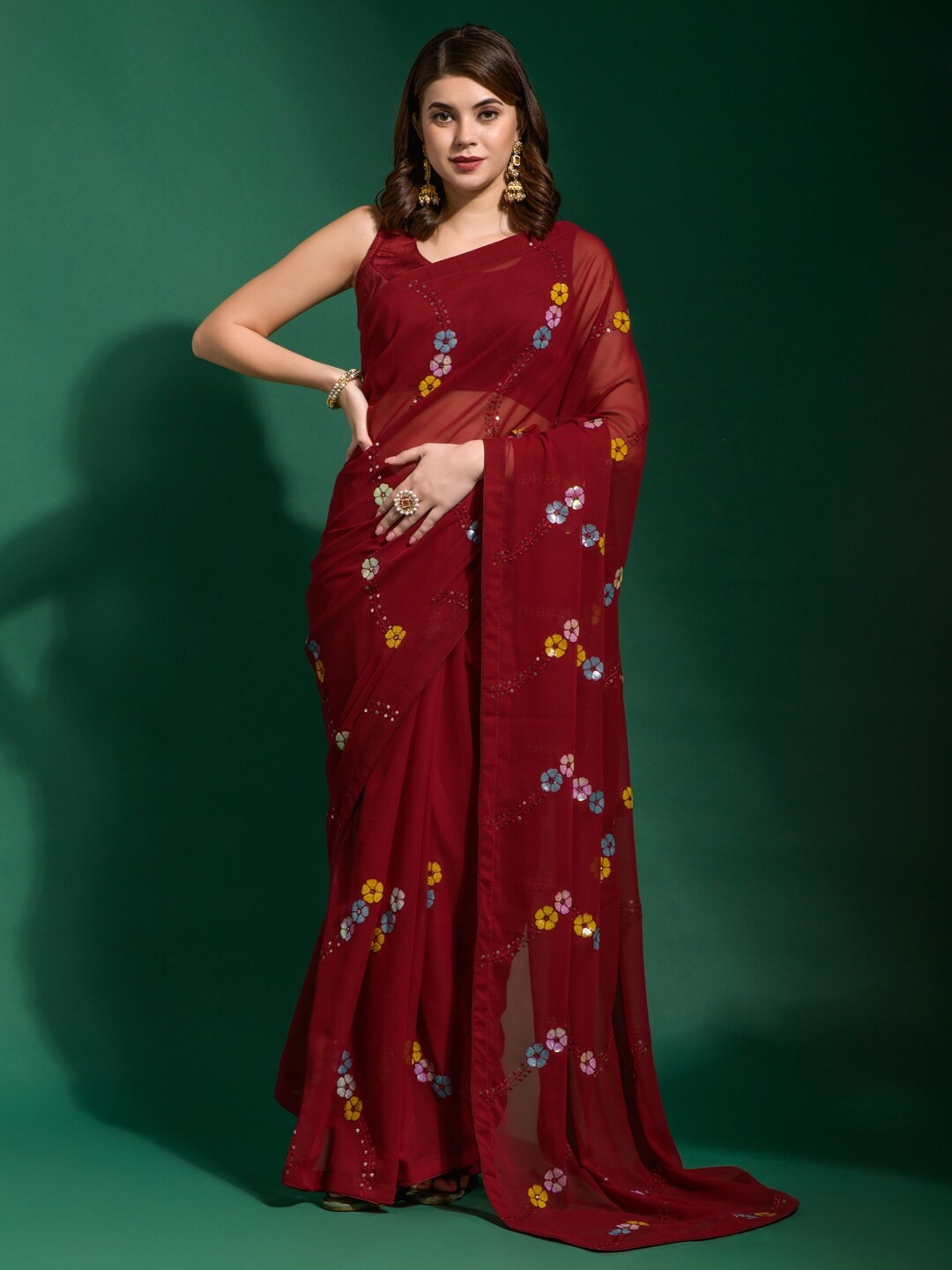 

Anouk Maroon & Yellow Embellished Sequinned Pure Georgette Saree