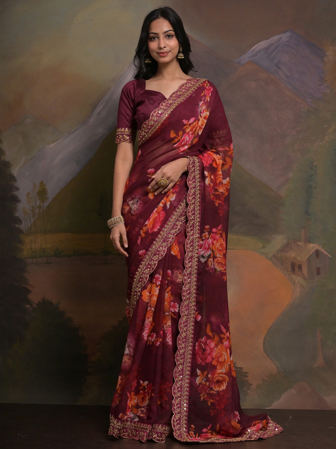 

Anouk Magenta & Orange Floral Printed Sequined Pure Georgette Saree
