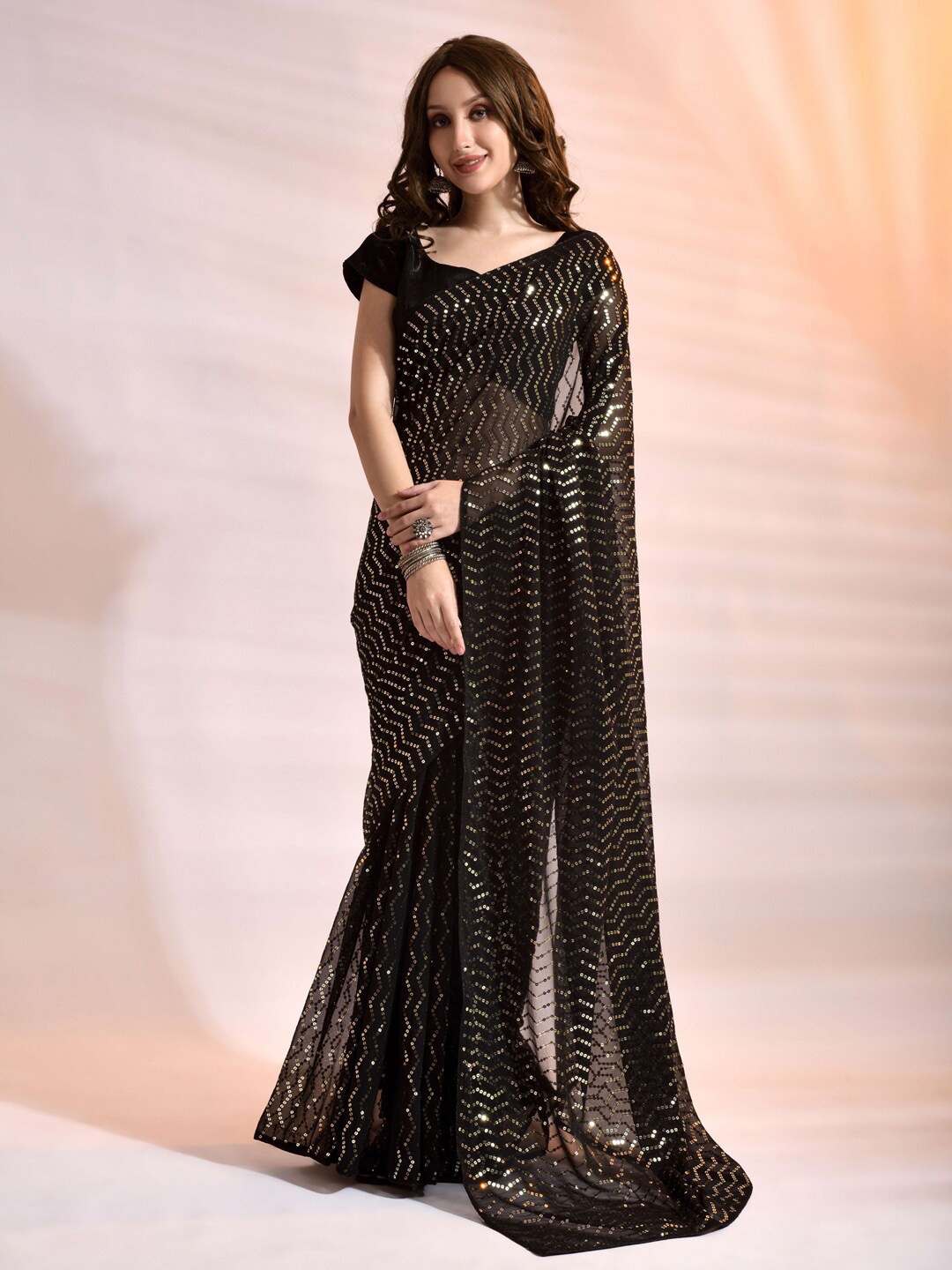 

Anouk Black & Gold-Toned Embellished Sequinned Pure Georgette Saree