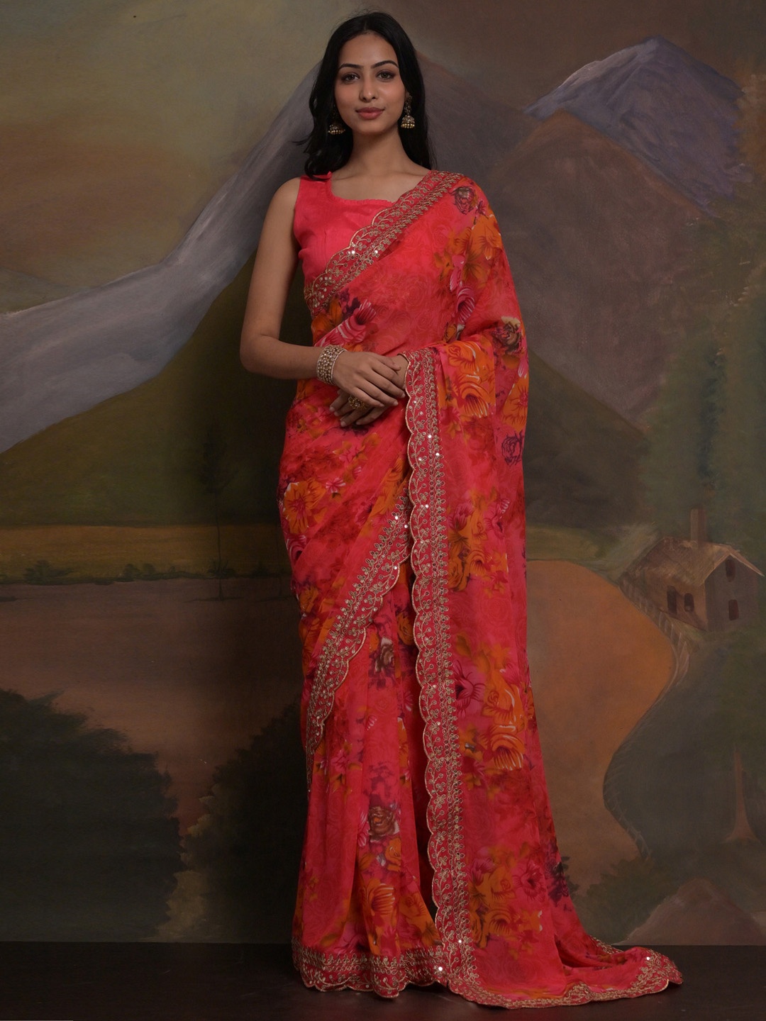 

Anouk Pink & Yellow Floral Printed Embroidered Saree