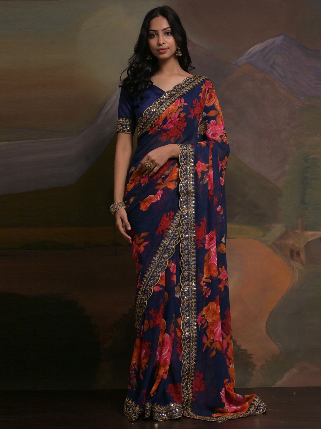 

Anouk Navy Blue & Pink Floral Printed Embroidered Saree