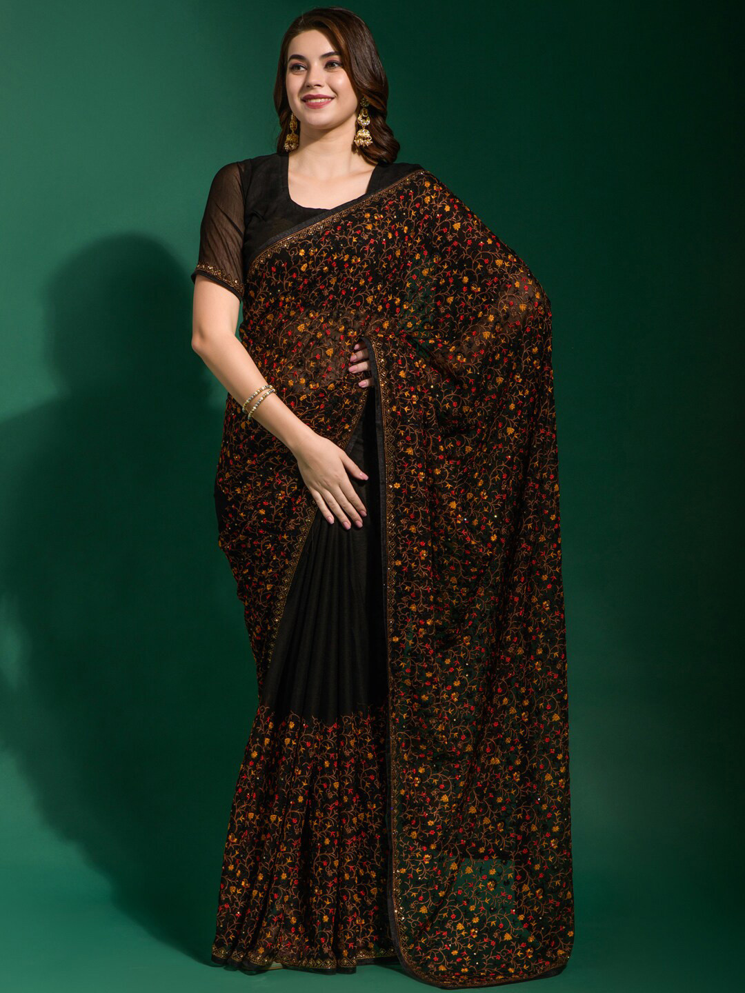 

Anouk Black & Red Embroidered Beads and Stones Pure Georgette Saree