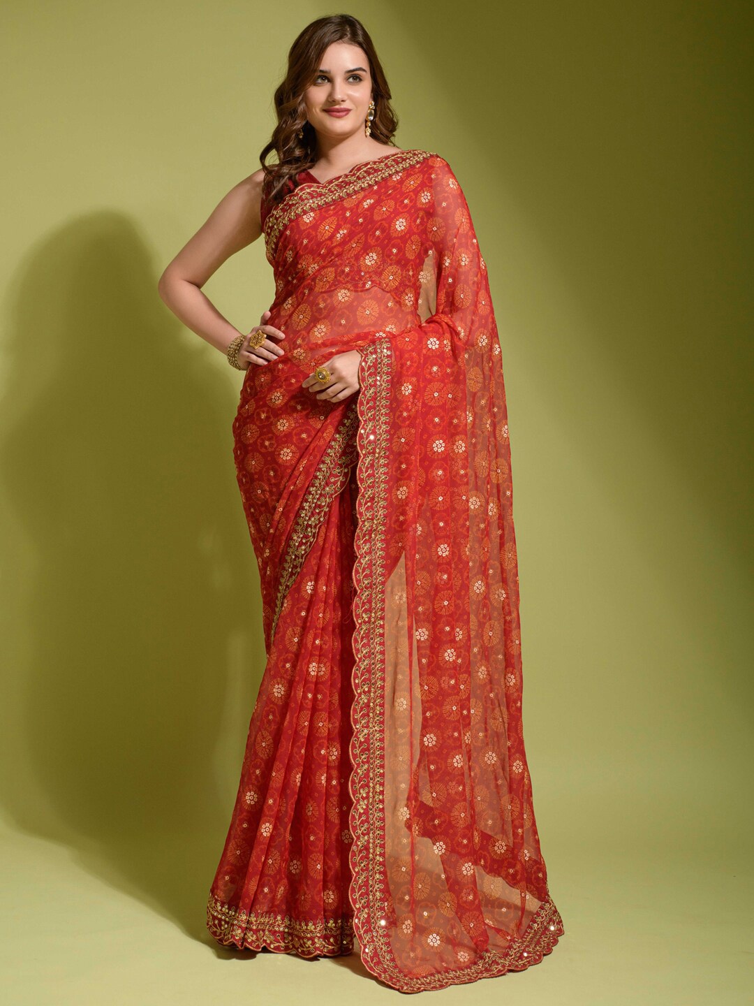 

Anouk Red & Yellow Ethnic Motifs Printed Embroidered Saree
