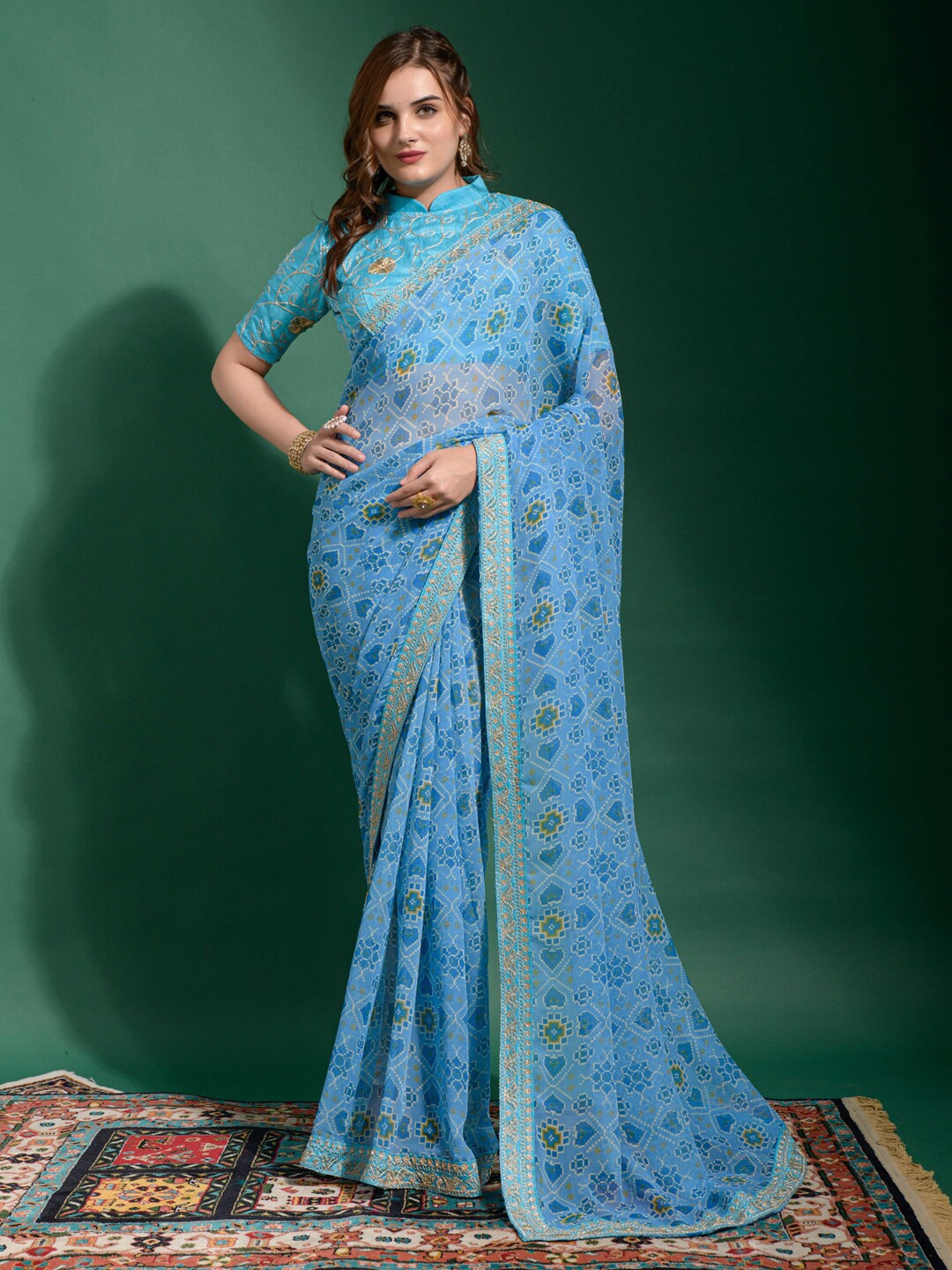 

Anouk Blue & Yellow Embroidered Pure Georgette Ikat Saree