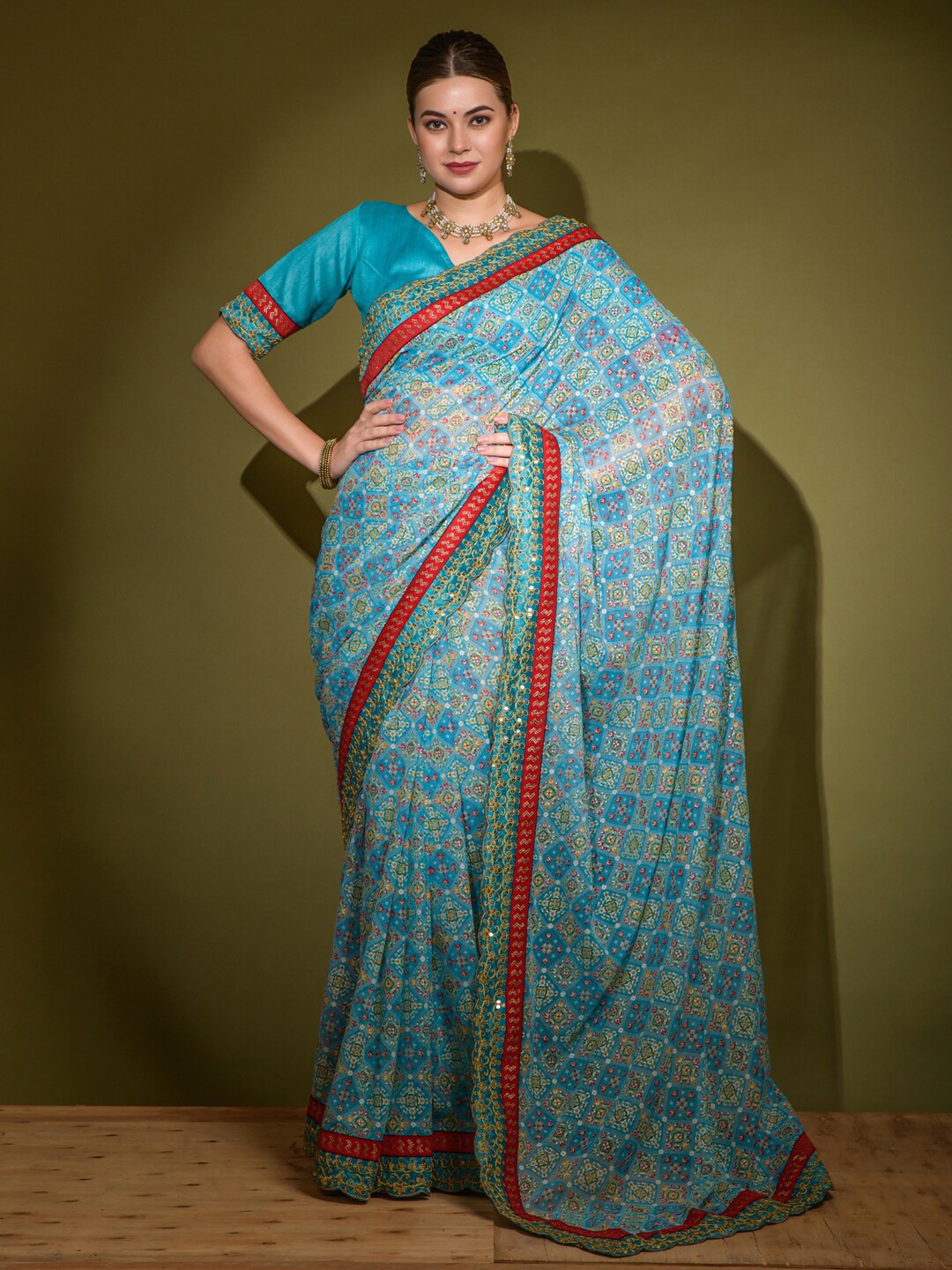Anouk Blue & Red Ethnic Motifs Printed Embroidered Saree