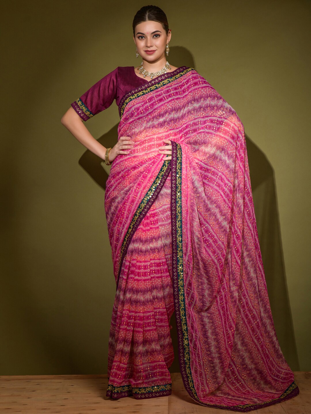 

Anouk Pink & Cream-Coloured Bandhani Printed Embroidered Bagru Saree