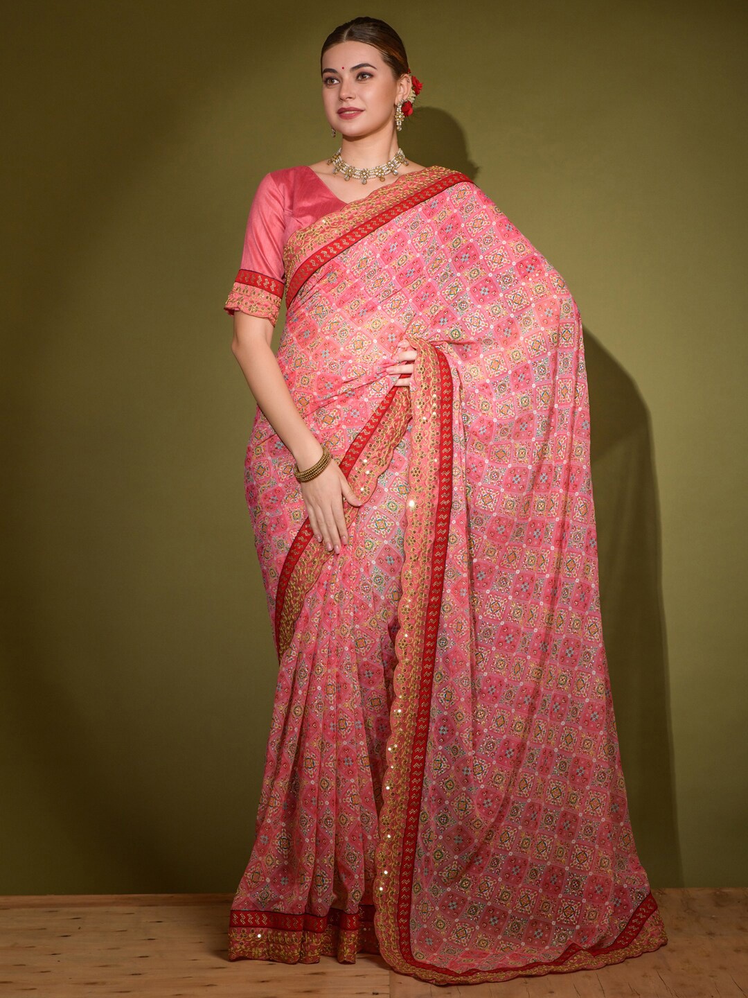 

Anouk Pink & Green Ethnic Motifs Printed Sequinned Saree
