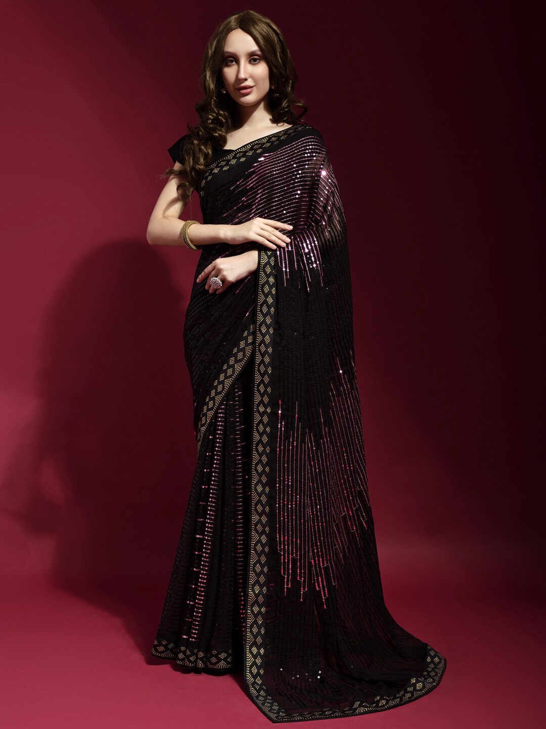 

Anouk Black & Pink Embellished Sequinned Pure Georgette Saree